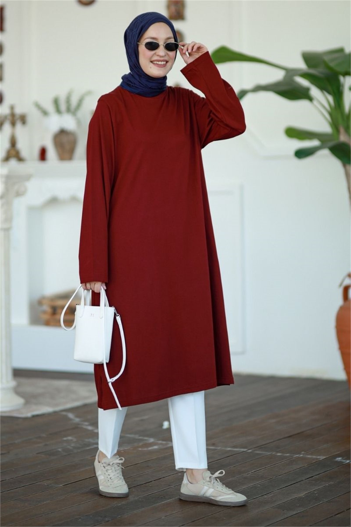 Summer Basic Uzun Tunik Bordo