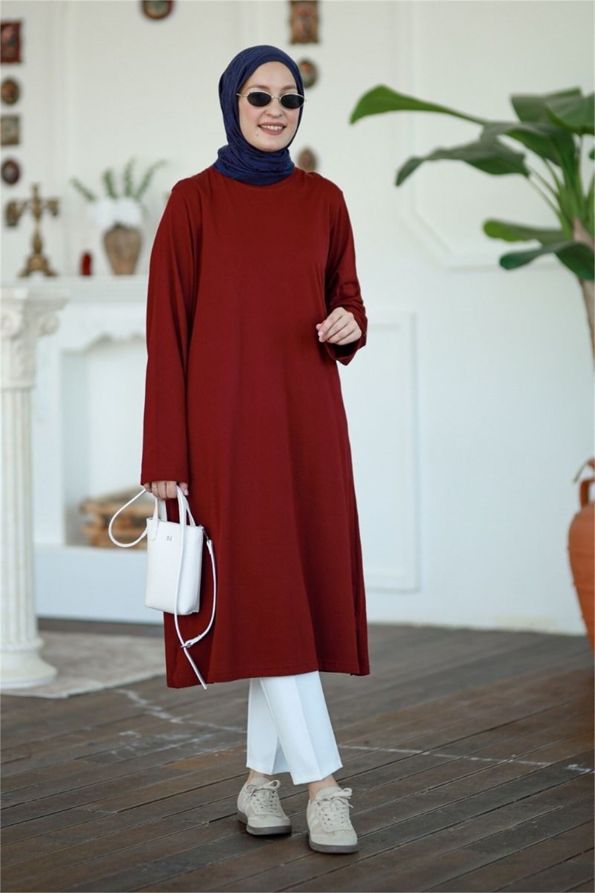Summer Basic Uzun Tunik Bordo
