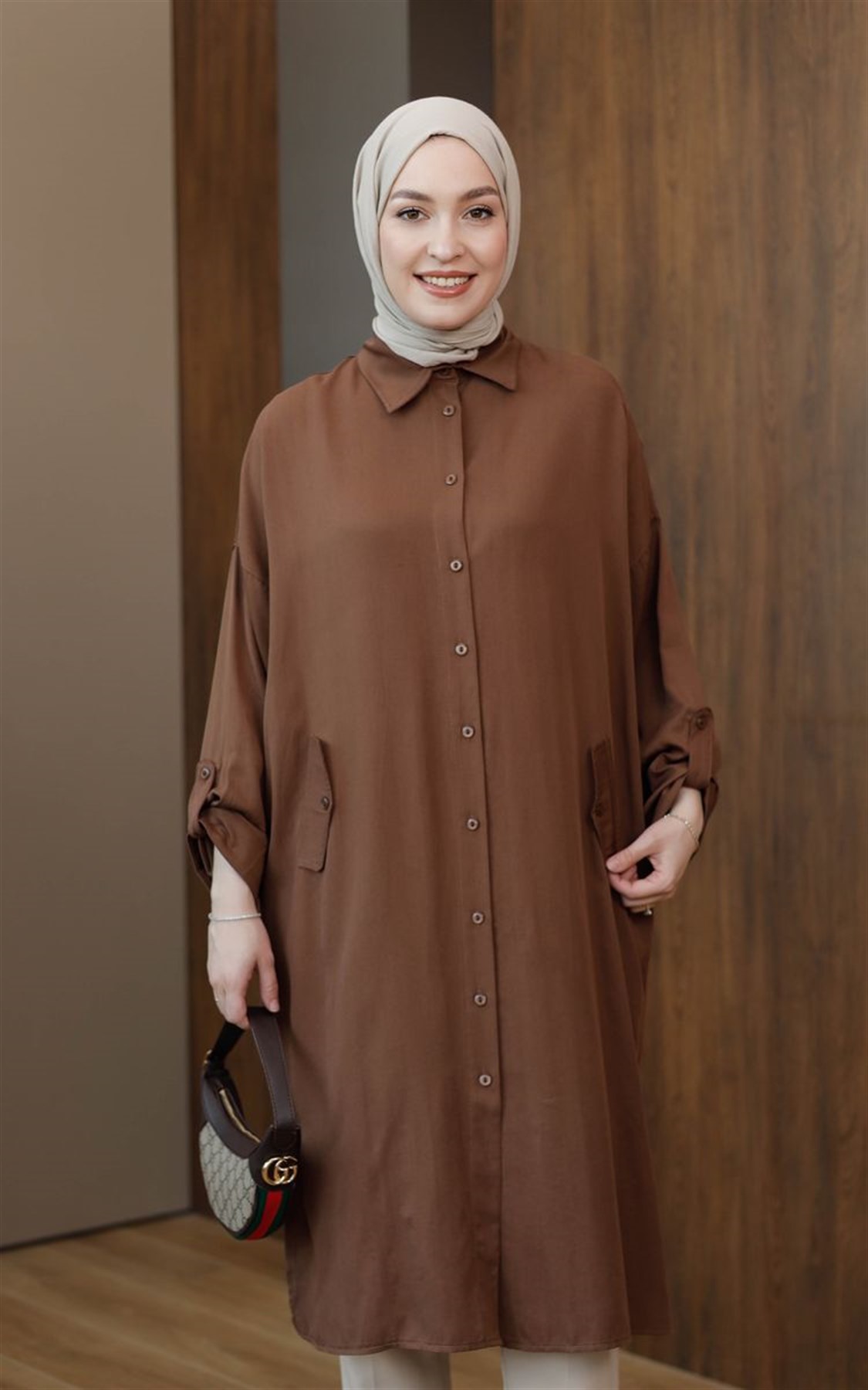 Süs Cepli Tensel Tunik Kahve