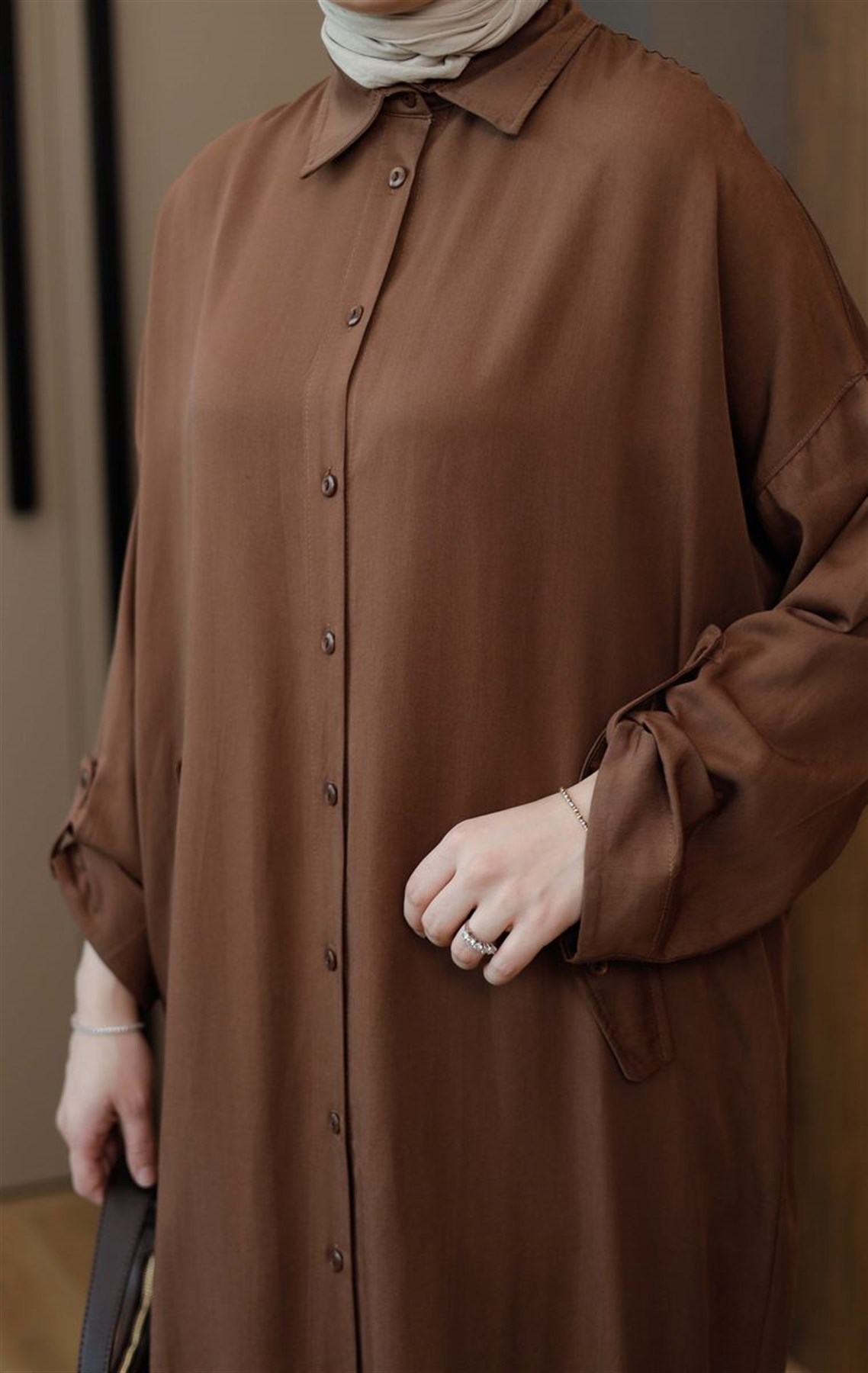 Süs Cepli Tensel Tunik Kahve