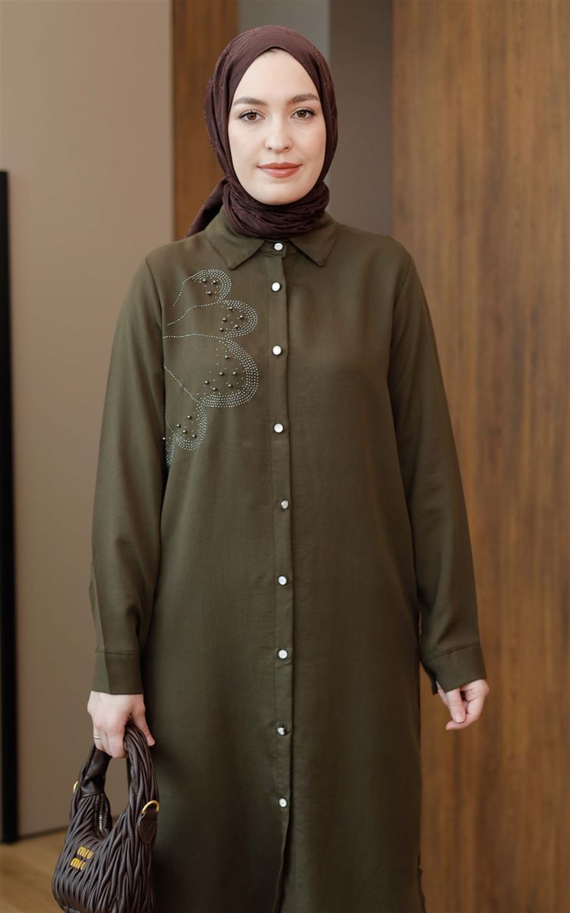 Taşlı Modal Uzun Tunik Haki