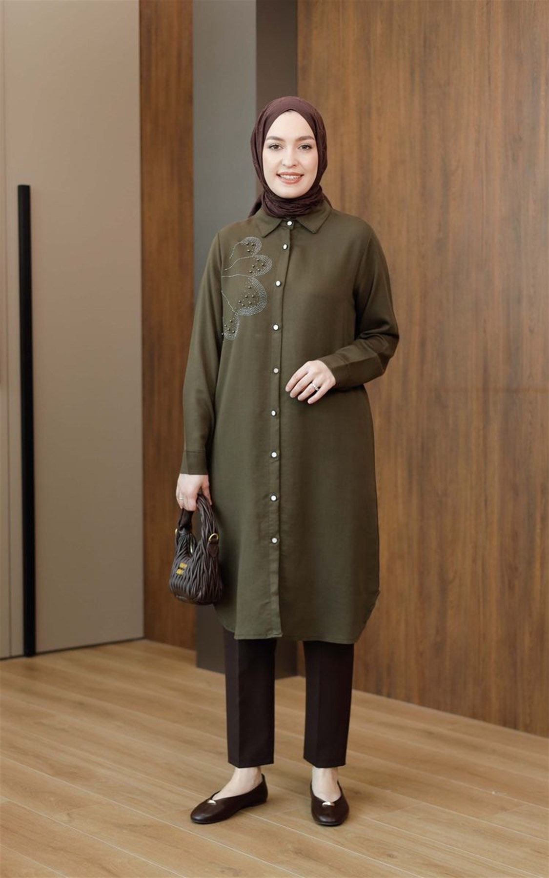 Taşlı Modal Uzun Tunik Haki