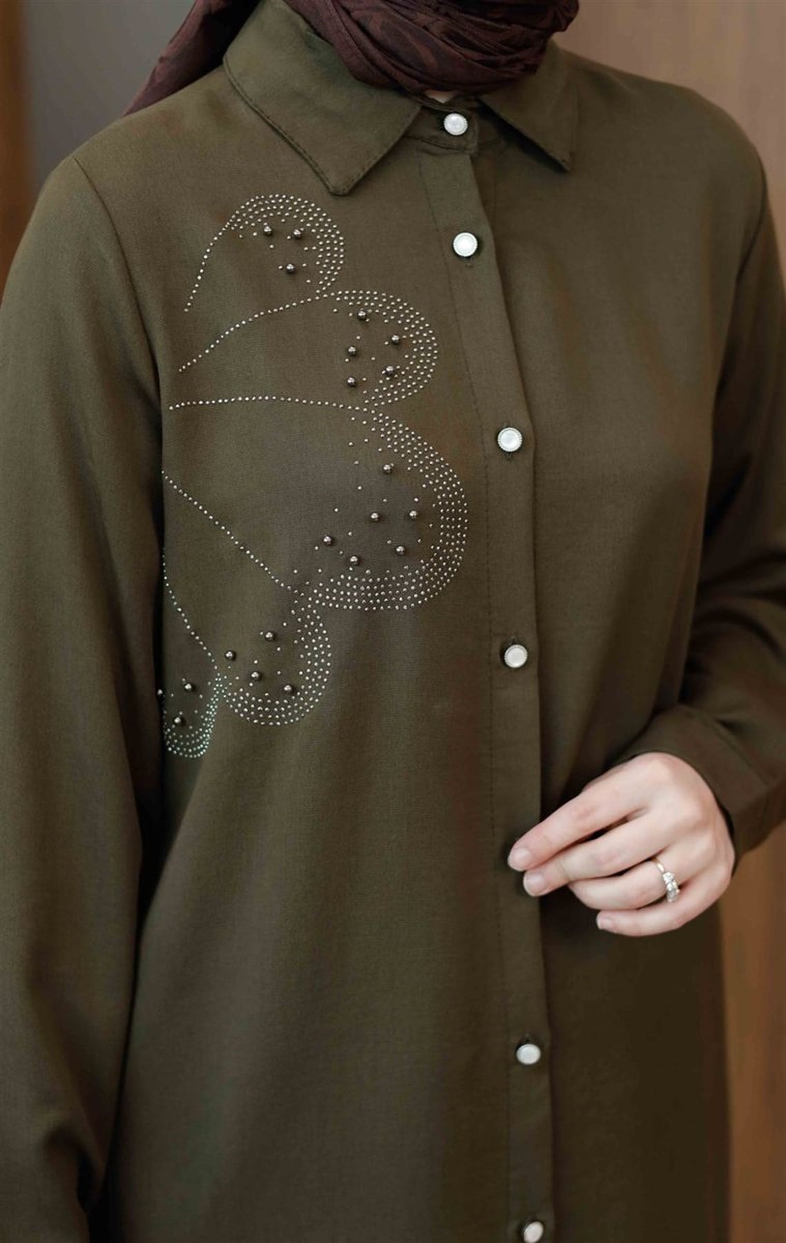 Taşlı Modal Uzun Tunik Haki