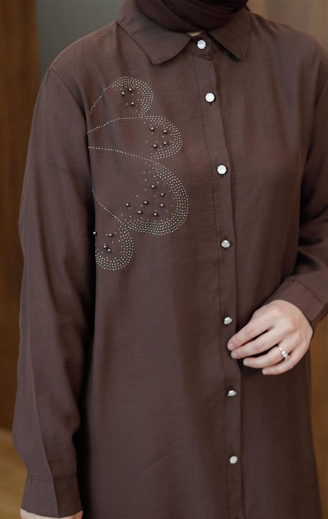 Taşlı Modal Uzun Tunik Kahve