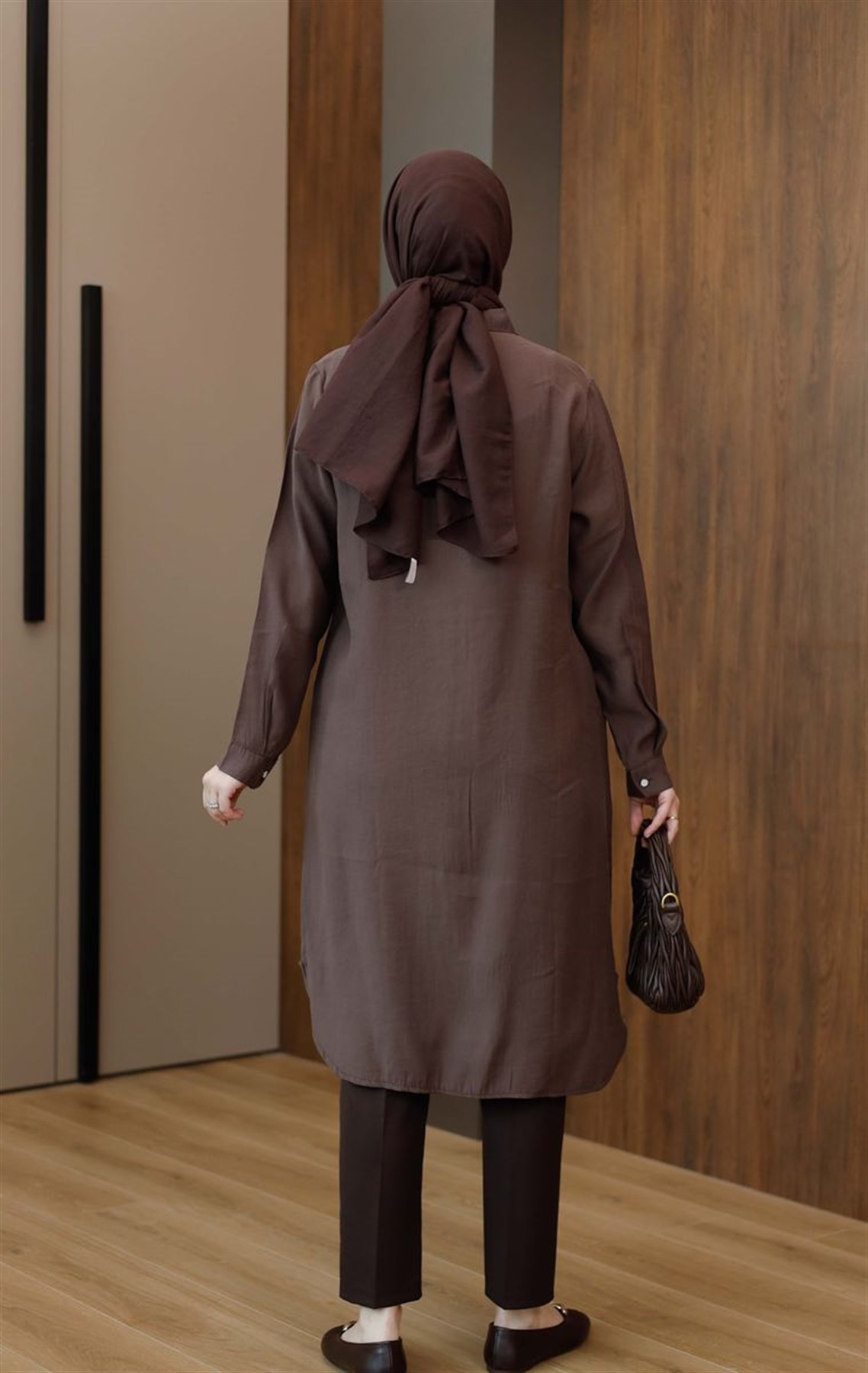 Taşlı Modal Uzun Tunik Kahve