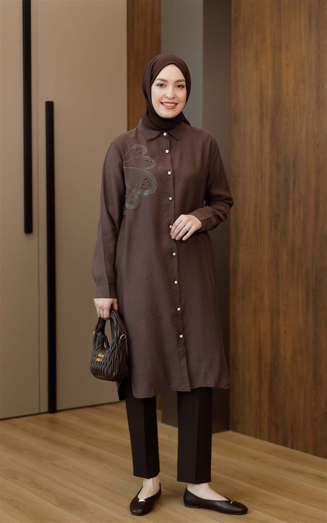 Taşlı Modal Uzun Tunik Kahve