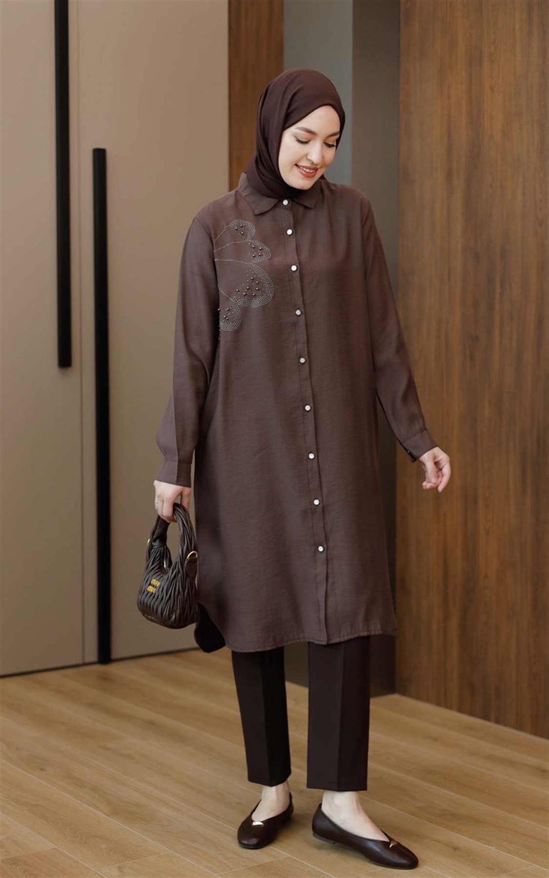 Taşlı Modal Uzun Tunik Kahve