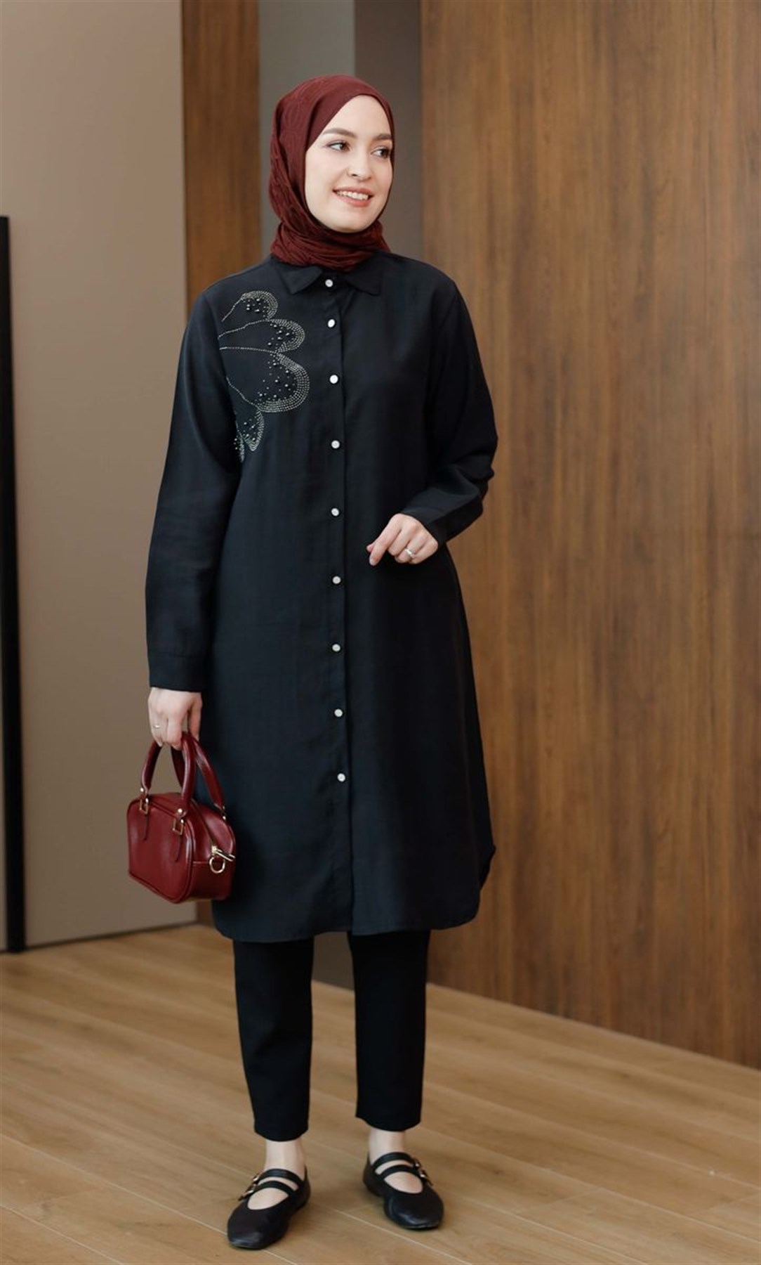 Taşlı Modal Uzun Tunik Siyah