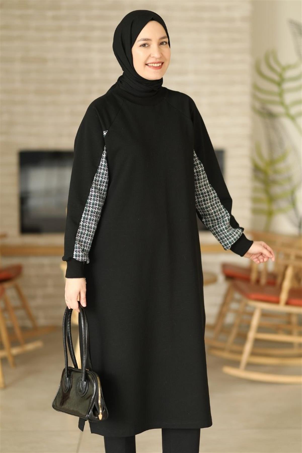 Tüvit Garnili Uzun Sweat Siyah