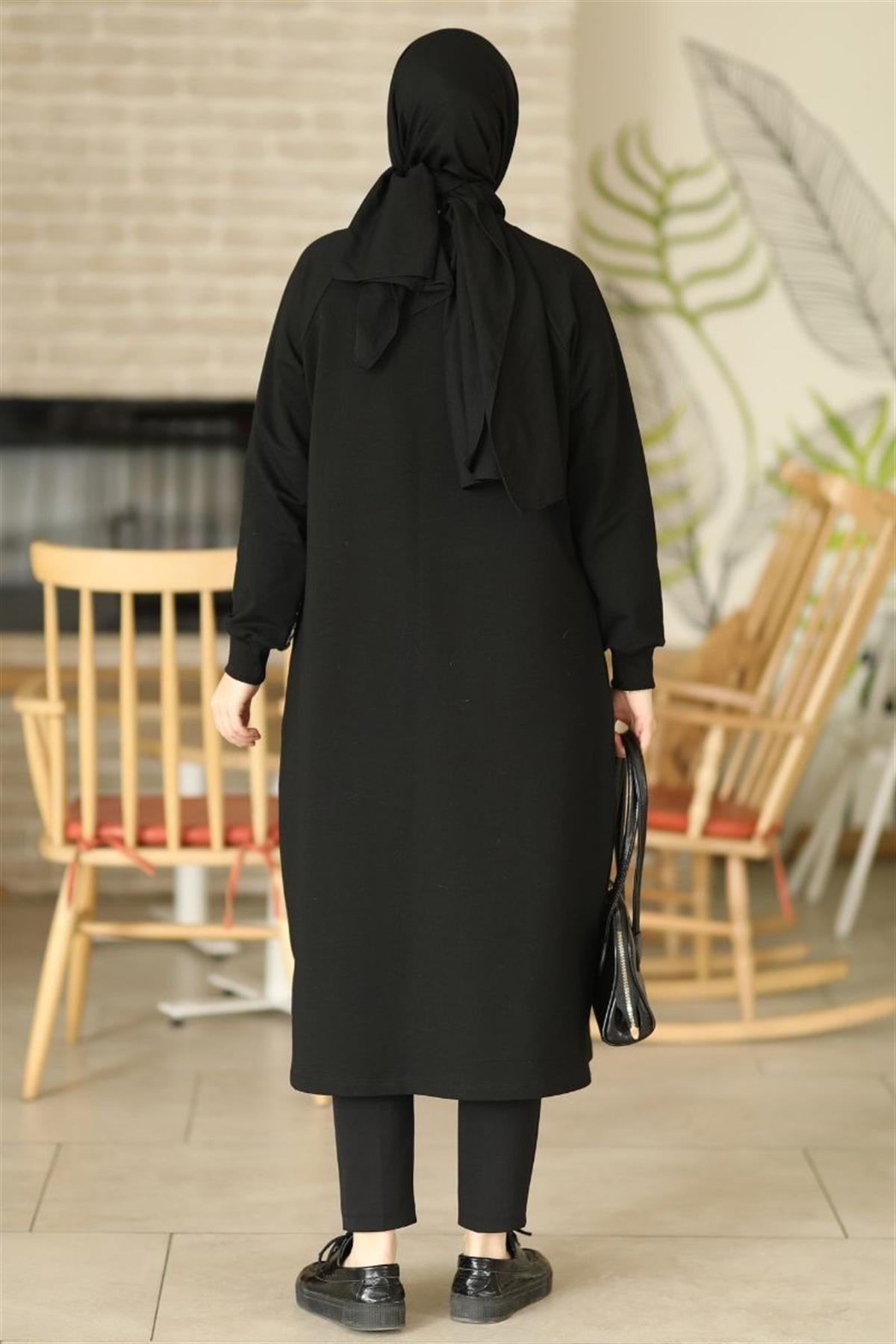 Tüvit Garnili Uzun Sweat Siyah