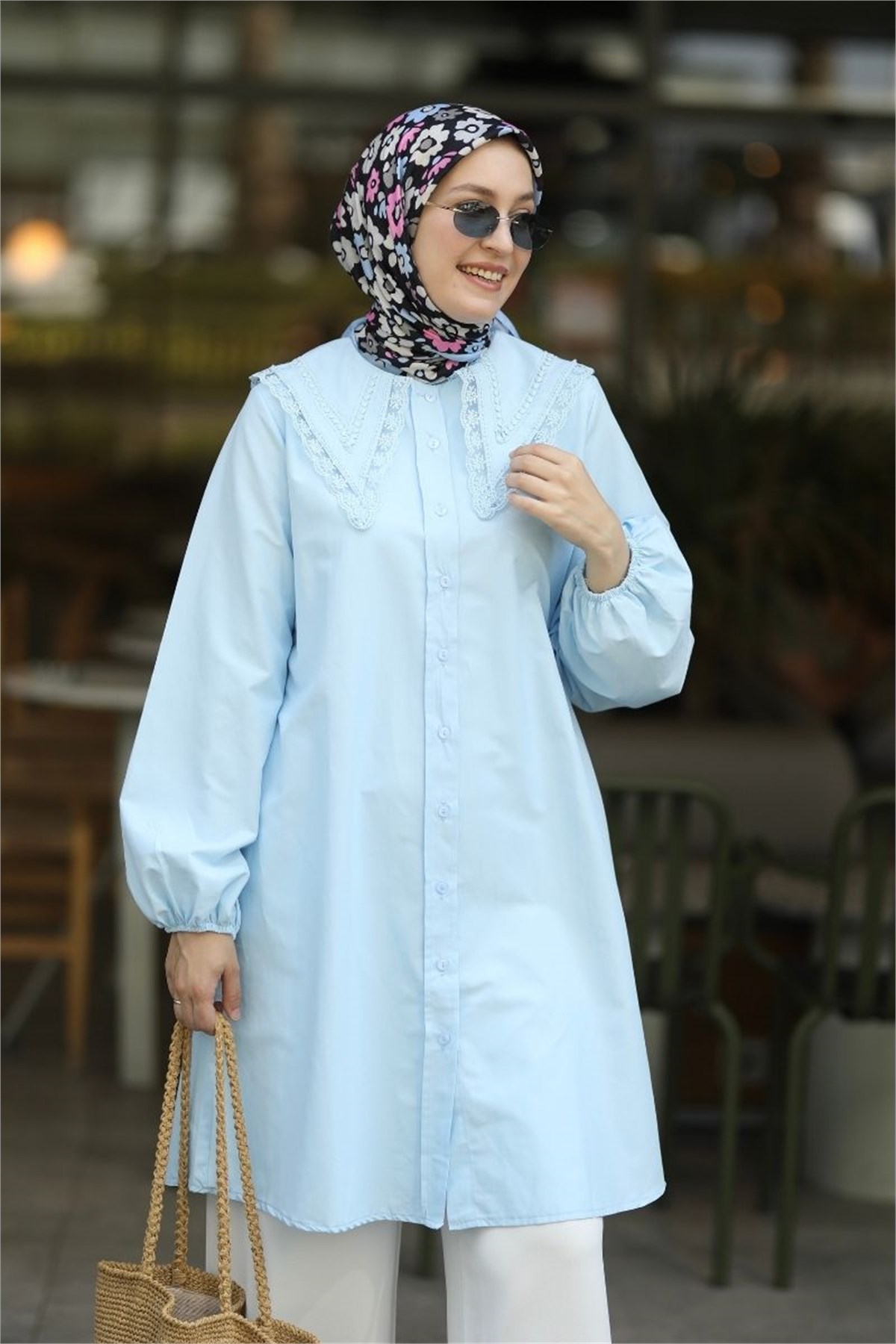 Yakası Dantelli Poplin Tunik Mavi