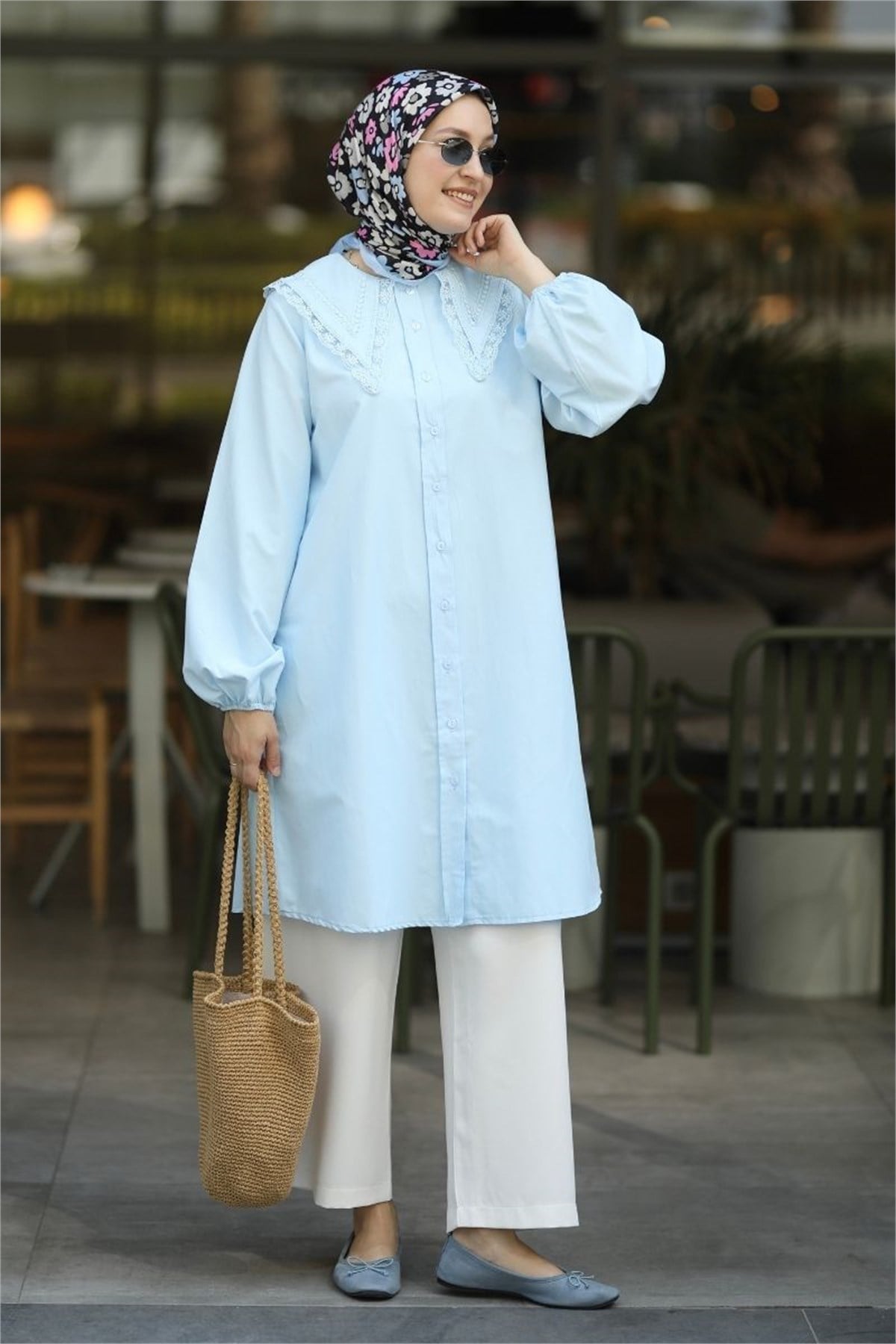 Yakası Dantelli Poplin Tunik Mavi