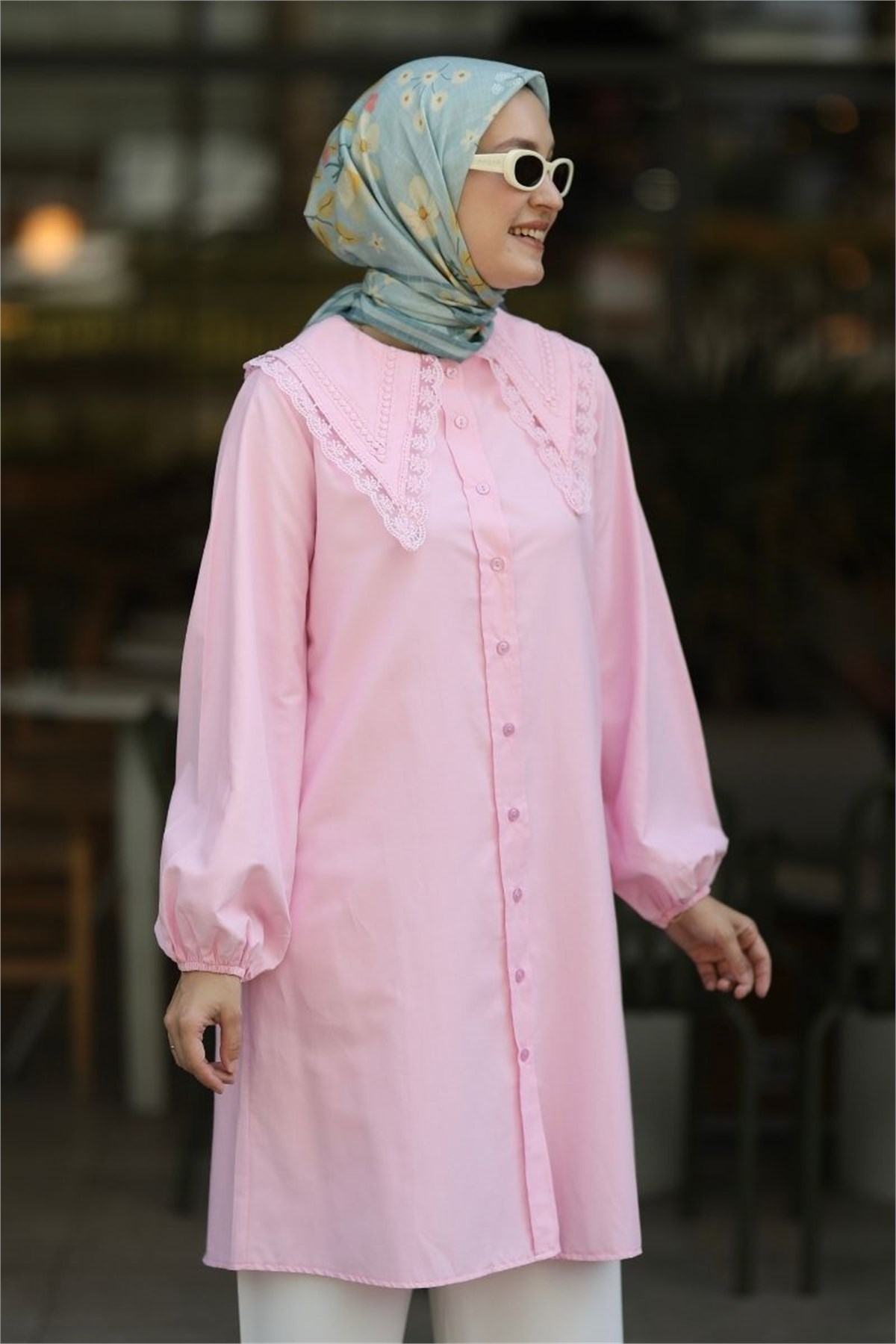 Yakası Dantelli Poplin Tunik Pembe