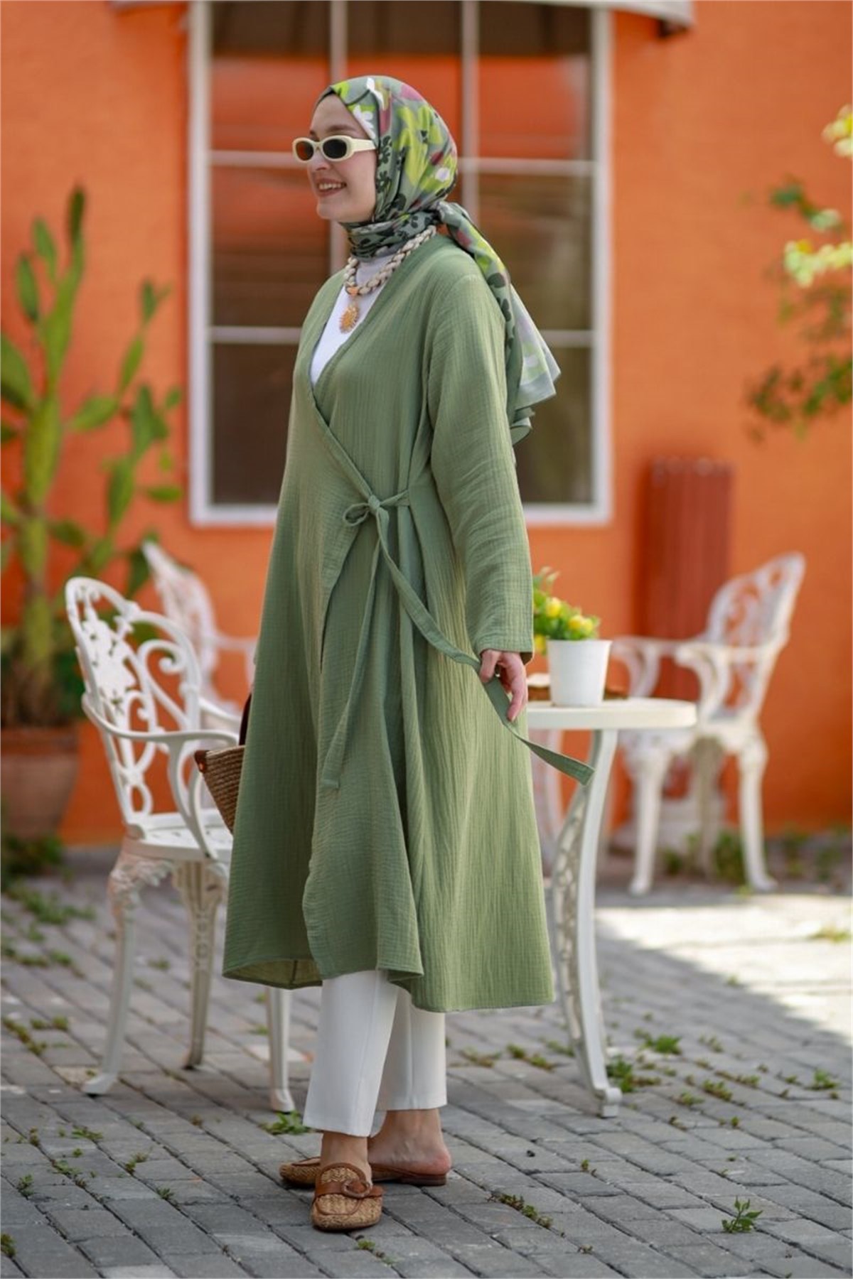 Yandan Bağlamalı Müslin Kimono Tunik Haki 