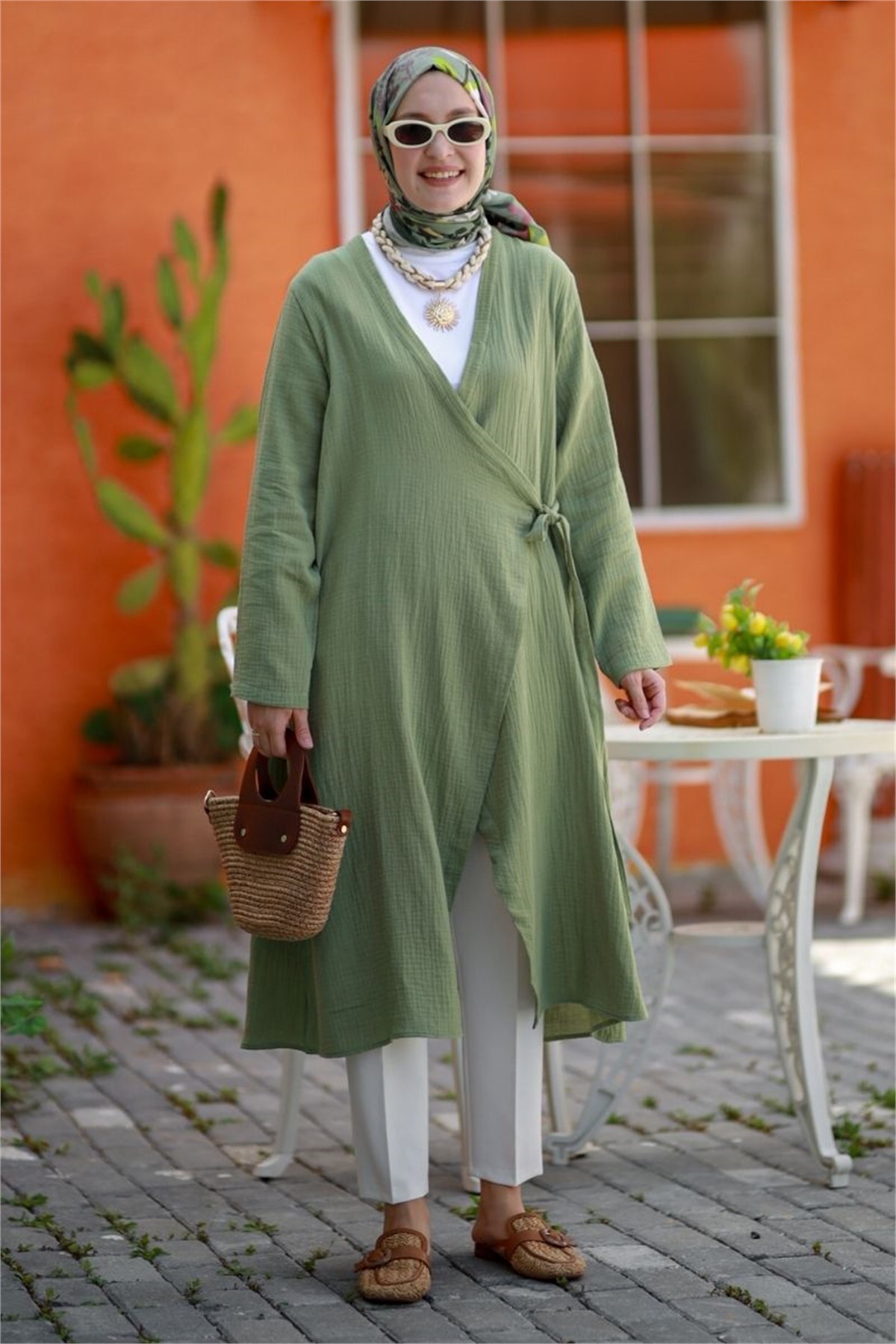 Yandan Bağlamalı Müslin Kimono Tunik Haki 