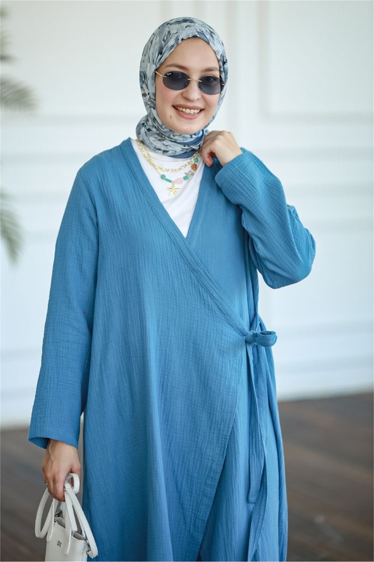 Yandan Bağlamalı Müslin Kimono Tunik İndigo