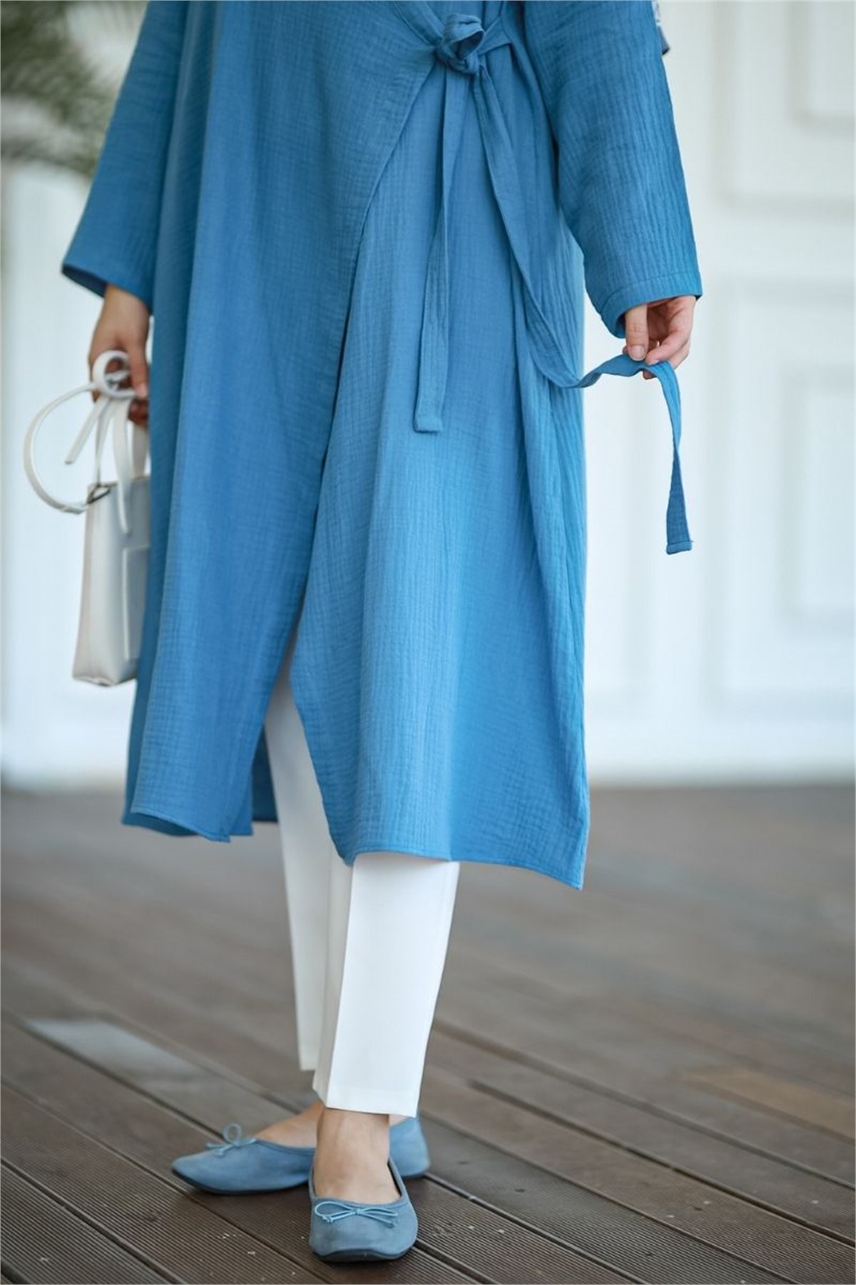 Yandan Bağlamalı Müslin Kimono Tunik İndigo