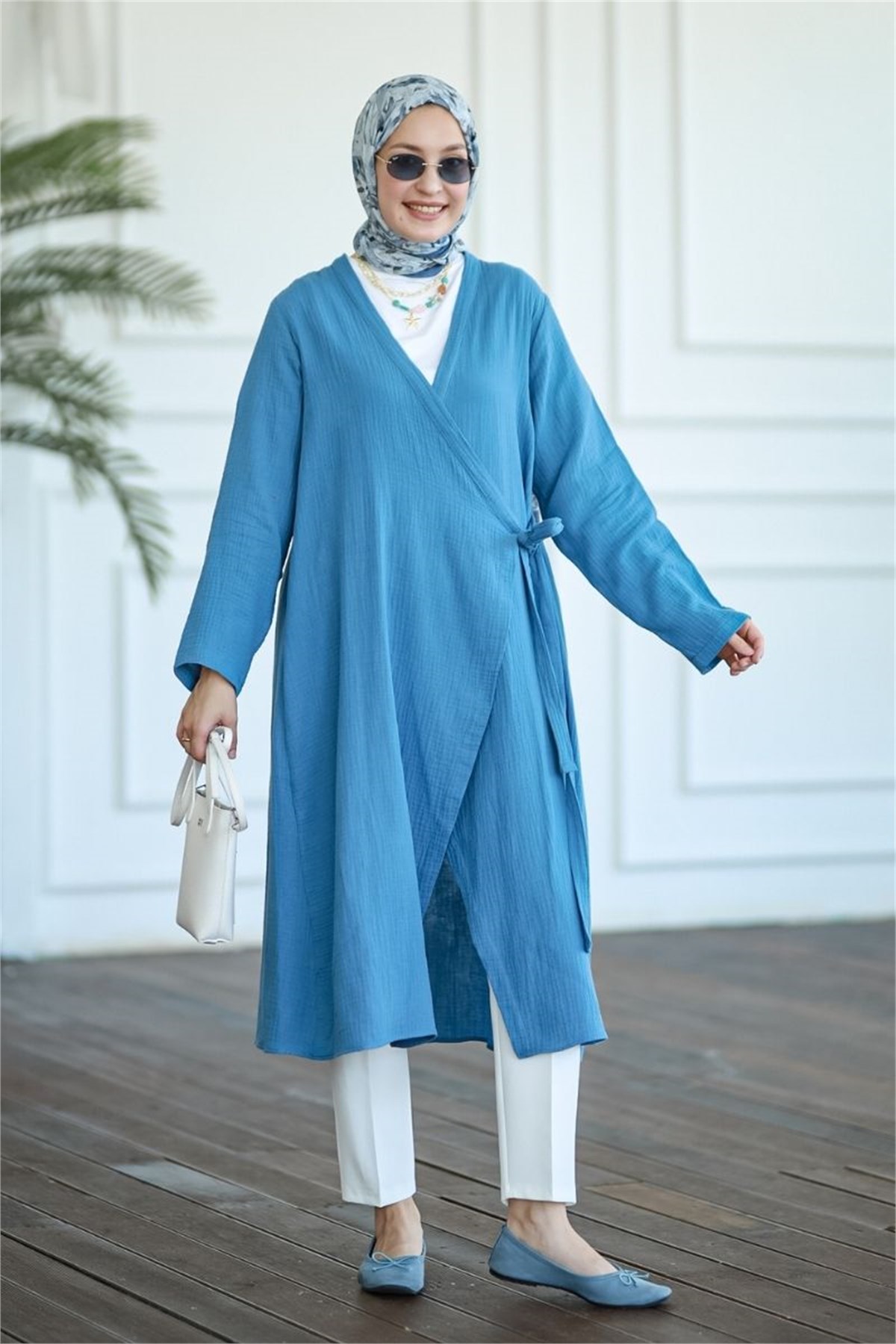 Yandan Bağlamalı Müslin Kimono Tunik İndigo