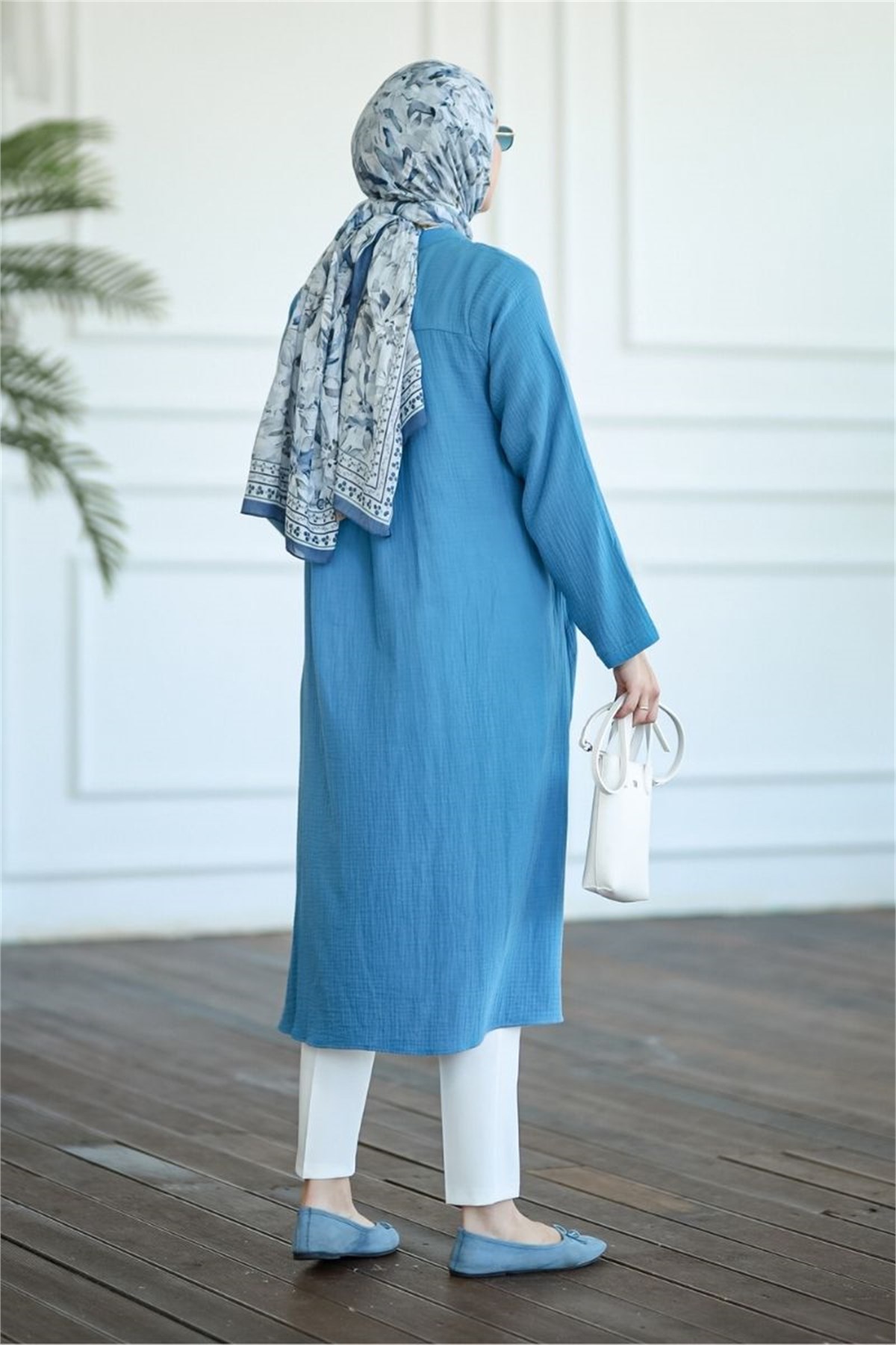 Yandan Bağlamalı Müslin Kimono Tunik İndigo