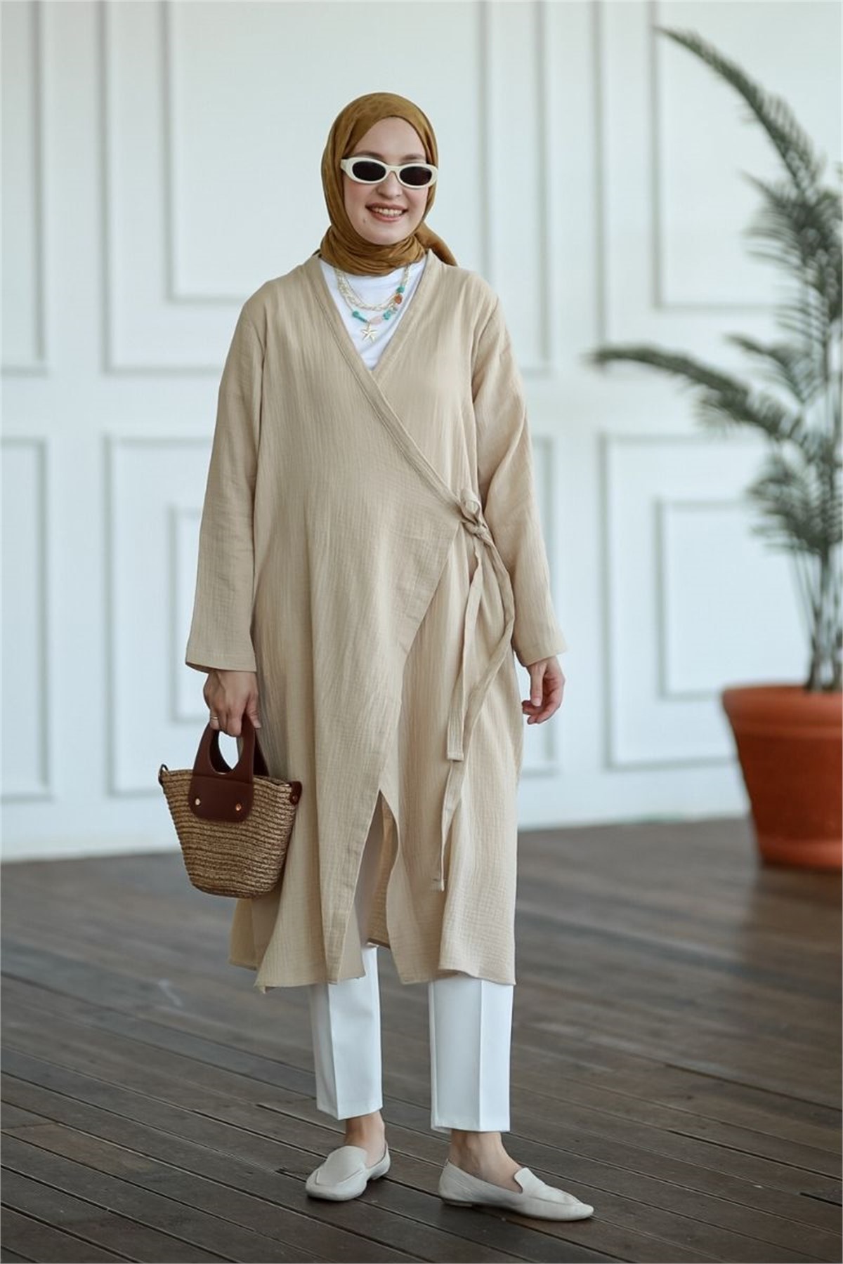 Yandan Bağlamalı Müslin Kimono Tunik Koyu Taş