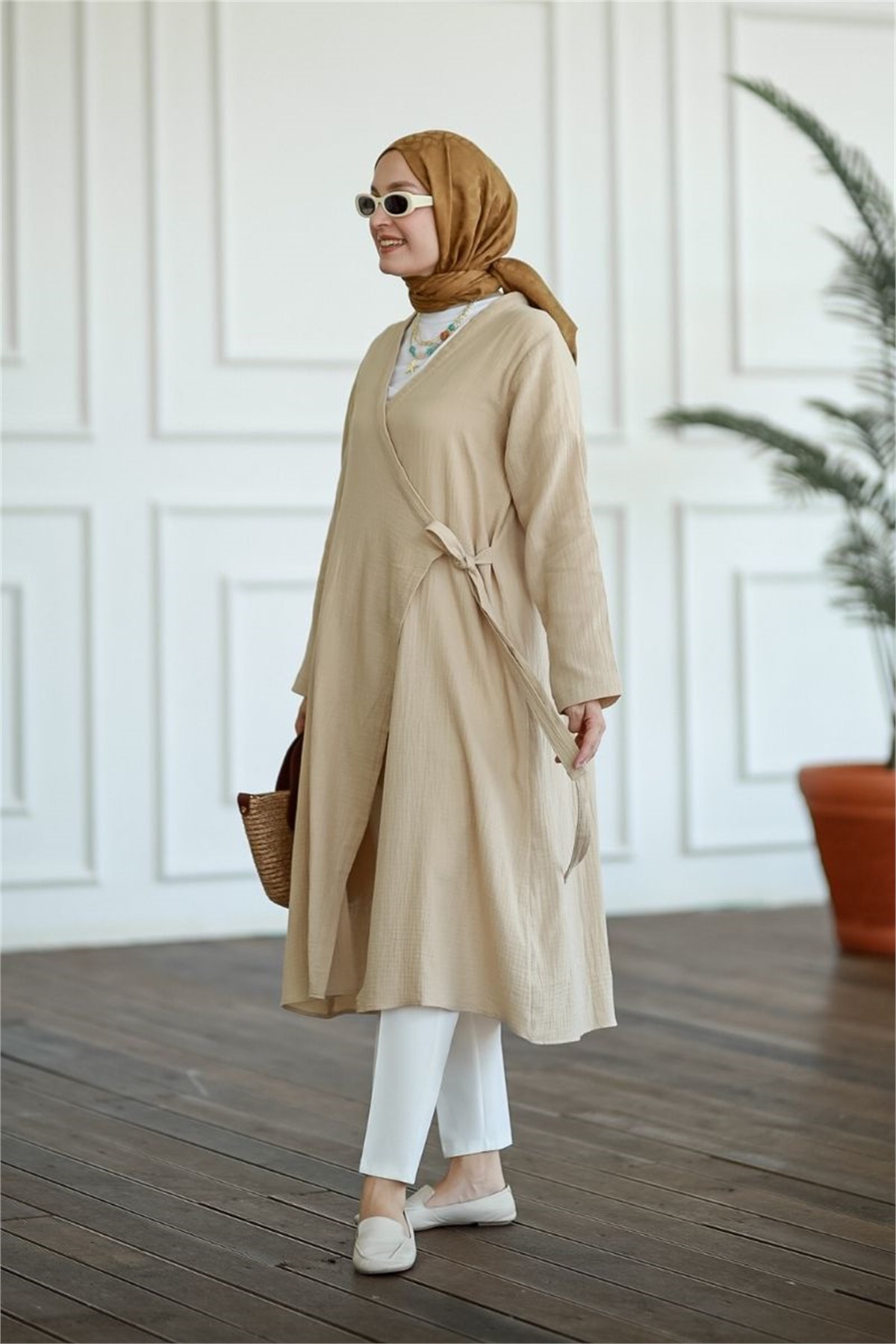 Yandan Bağlamalı Müslin Kimono Tunik Koyu Taş