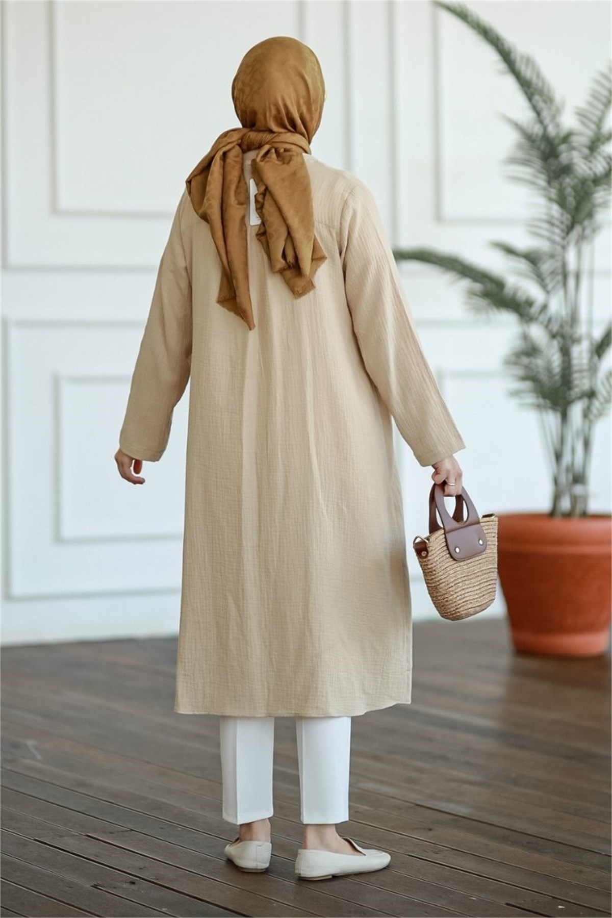 Yandan Bağlamalı Müslin Kimono Tunik Koyu Taş