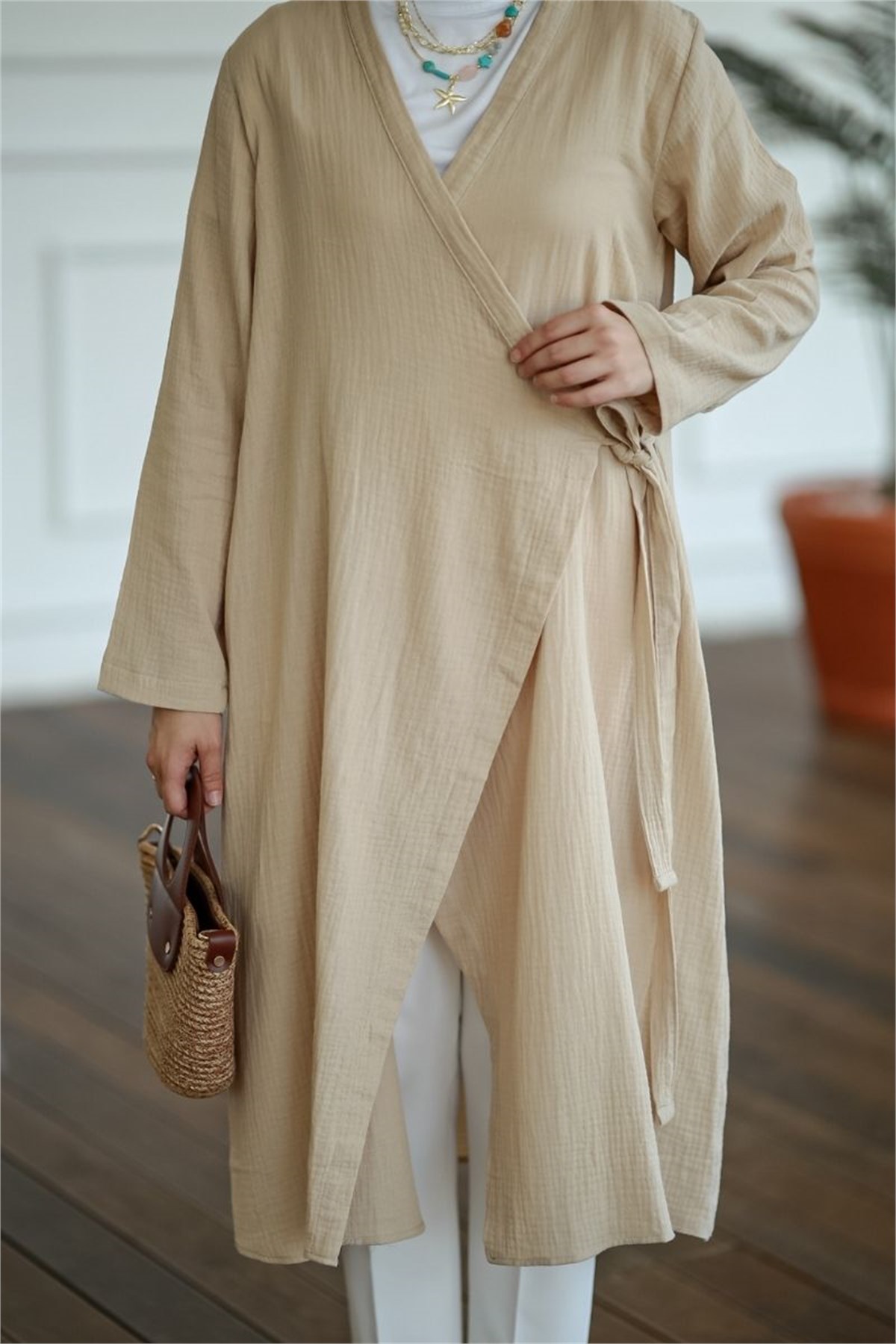 Yandan Bağlamalı Müslin Kimono Tunik Koyu Taş