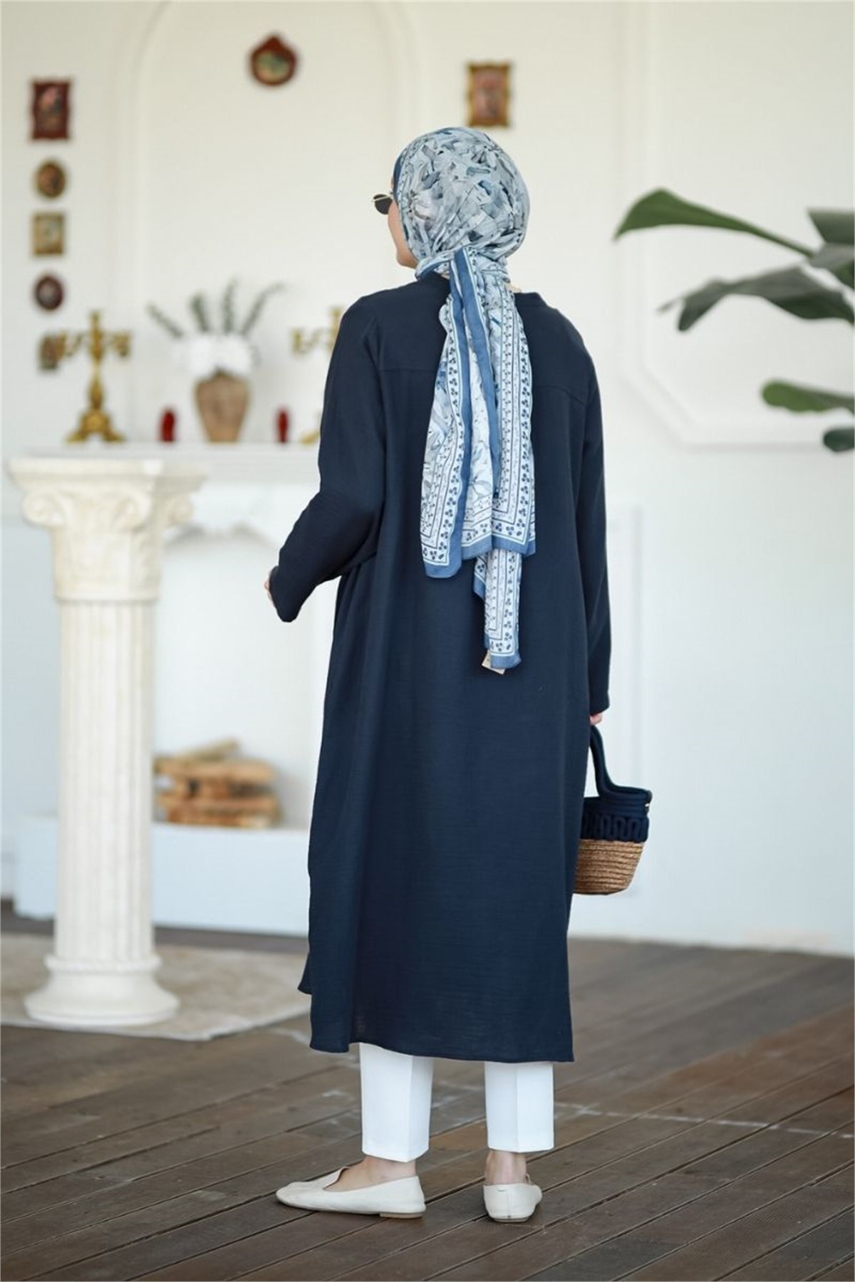Yandan Bağlamalı Müslin Kimono Tunik Lacivert