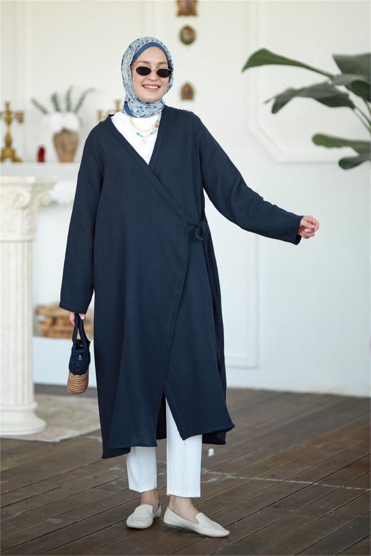 Yandan Bağlamalı Müslin Kimono Tunik Lacivert