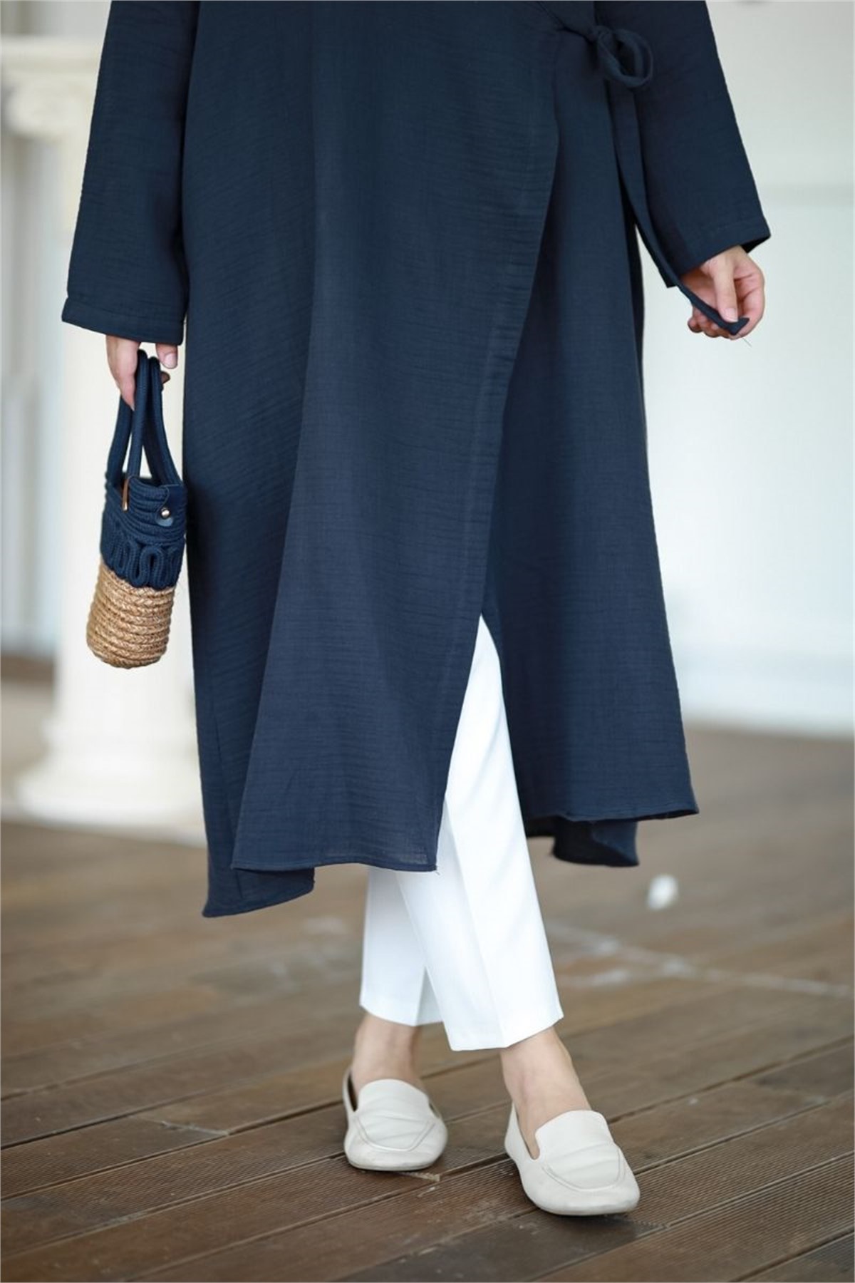 Yandan Bağlamalı Müslin Kimono Tunik Lacivert