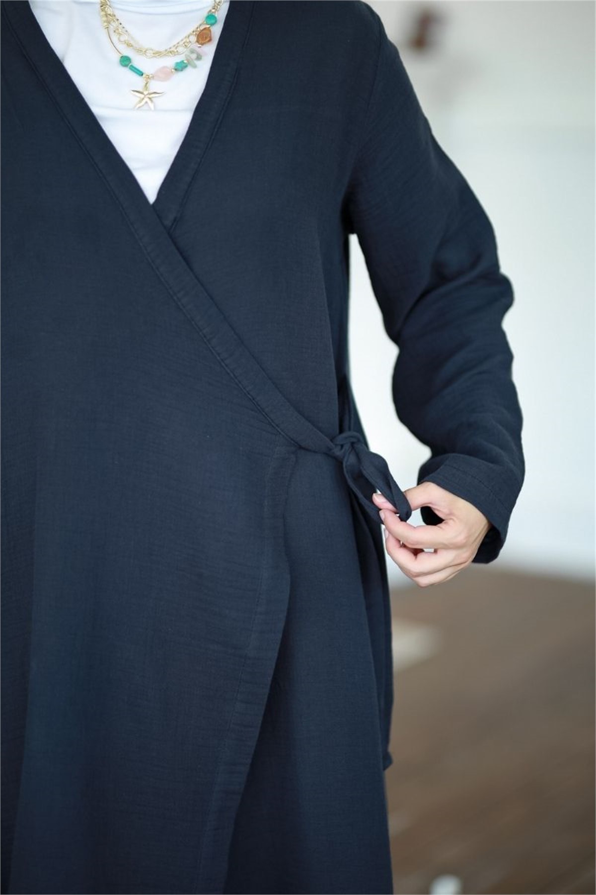Yandan Bağlamalı Müslin Kimono Tunik Lacivert