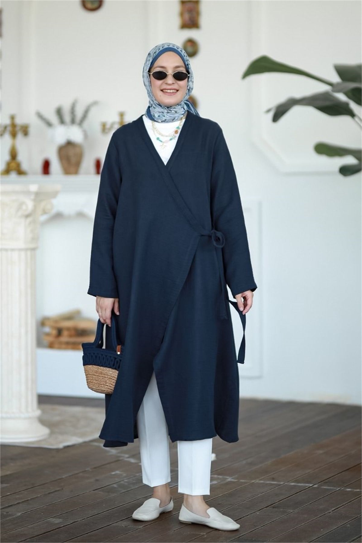 Yandan Bağlamalı Müslin Kimono Tunik Lacivert