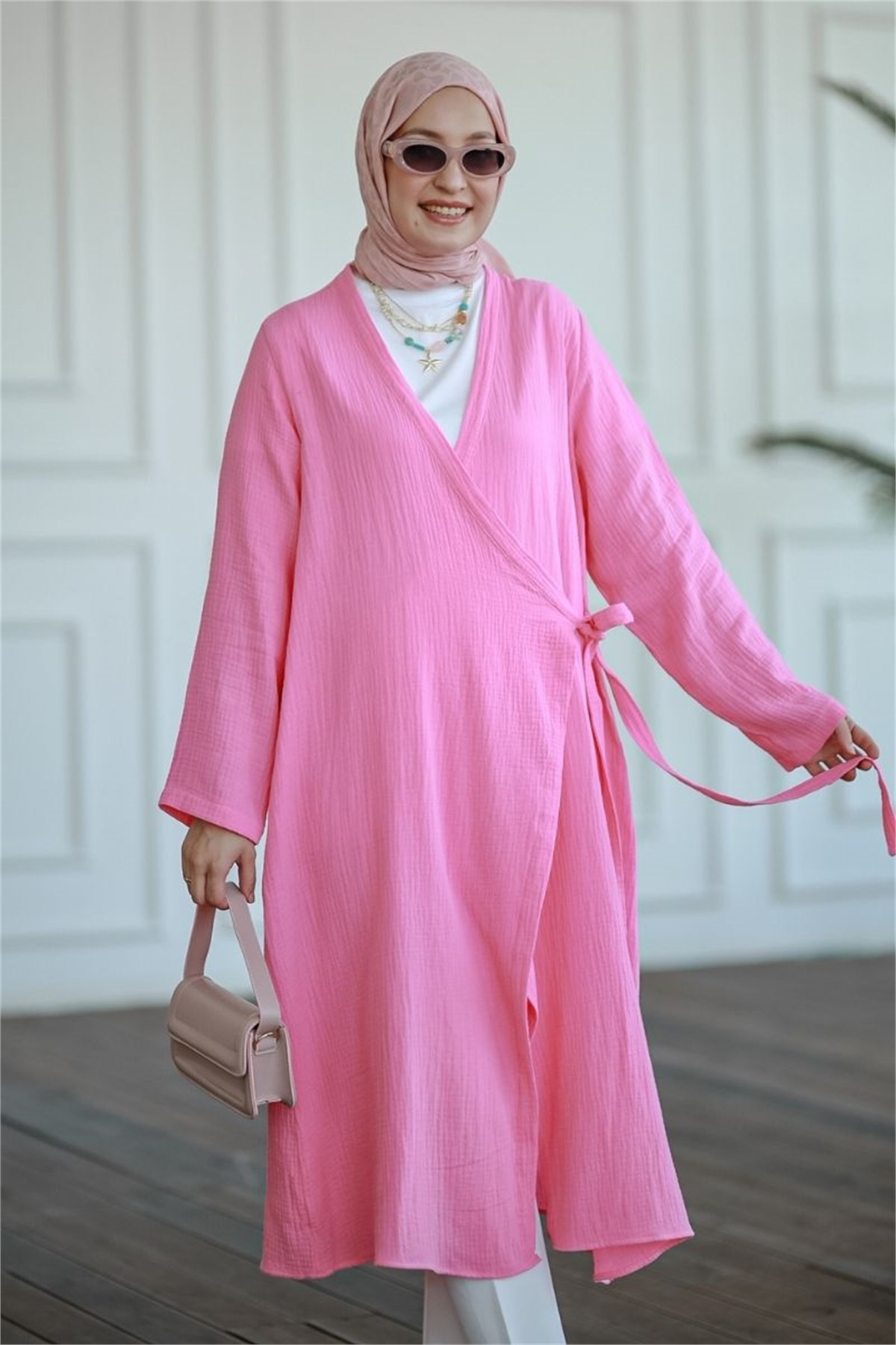 Yandan Bağlamalı Müslin Kimono Tunik Pembe
