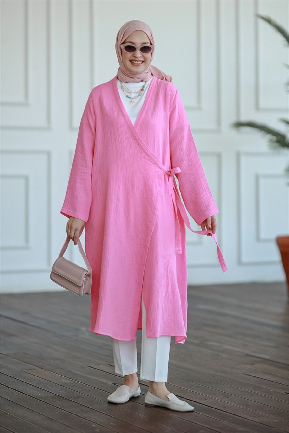 Yandan Bağlamalı Müslin Kimono Tunik Pembe