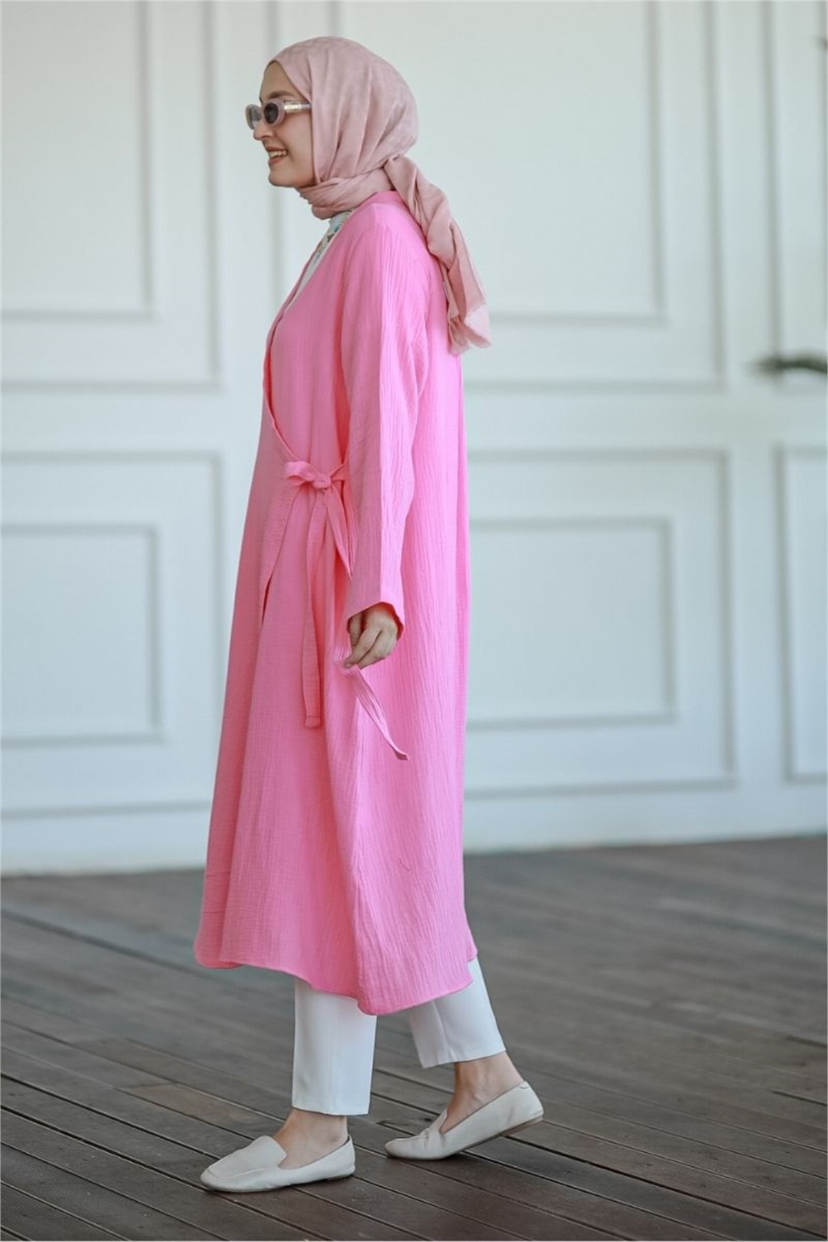 Yandan Bağlamalı Müslin Kimono Tunik Pembe