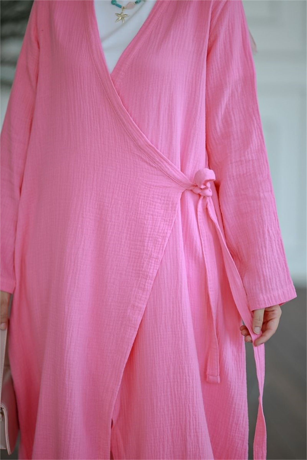 Yandan Bağlamalı Müslin Kimono Tunik Pembe
