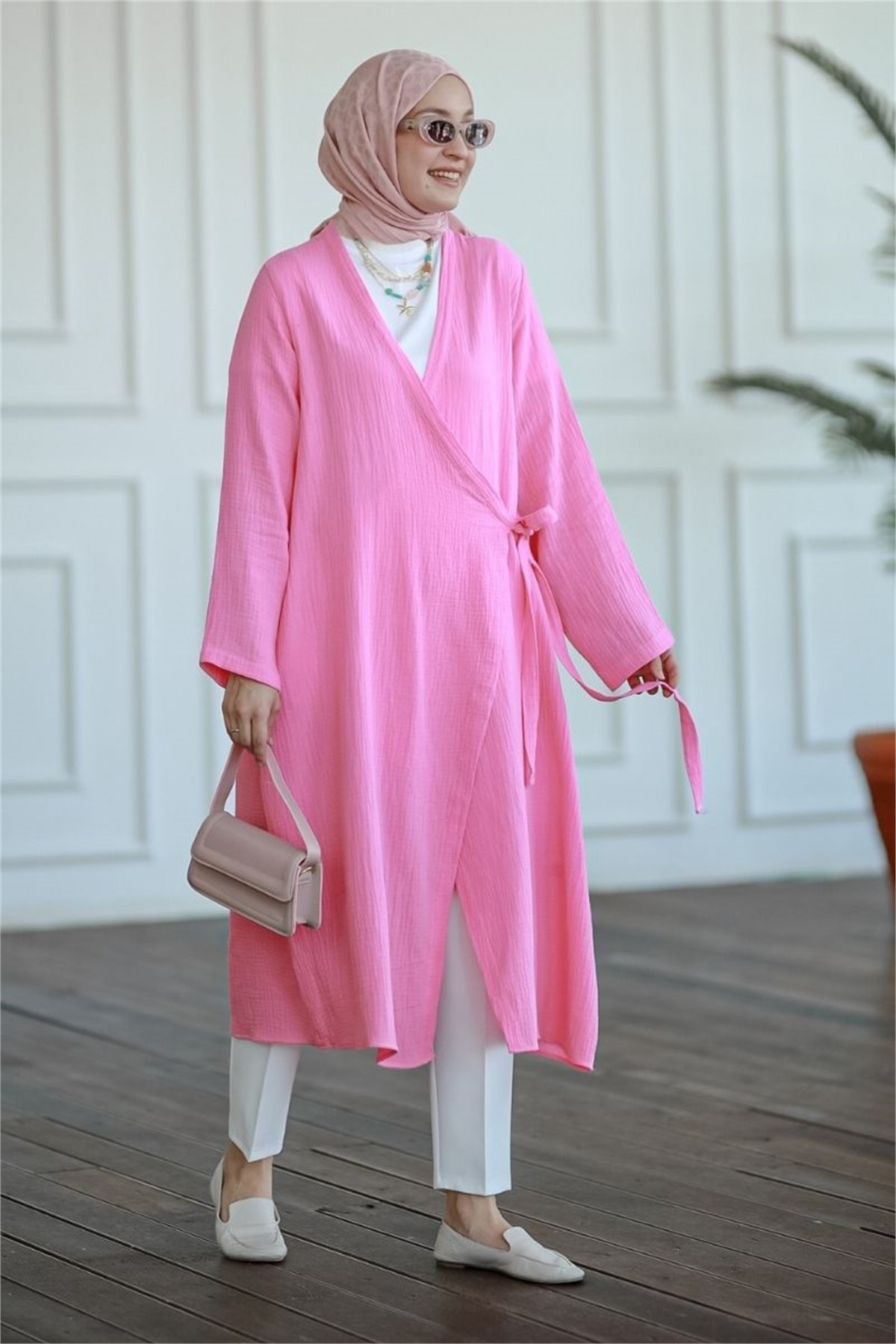 Yandan Bağlamalı Müslin Kimono Tunik Pembe