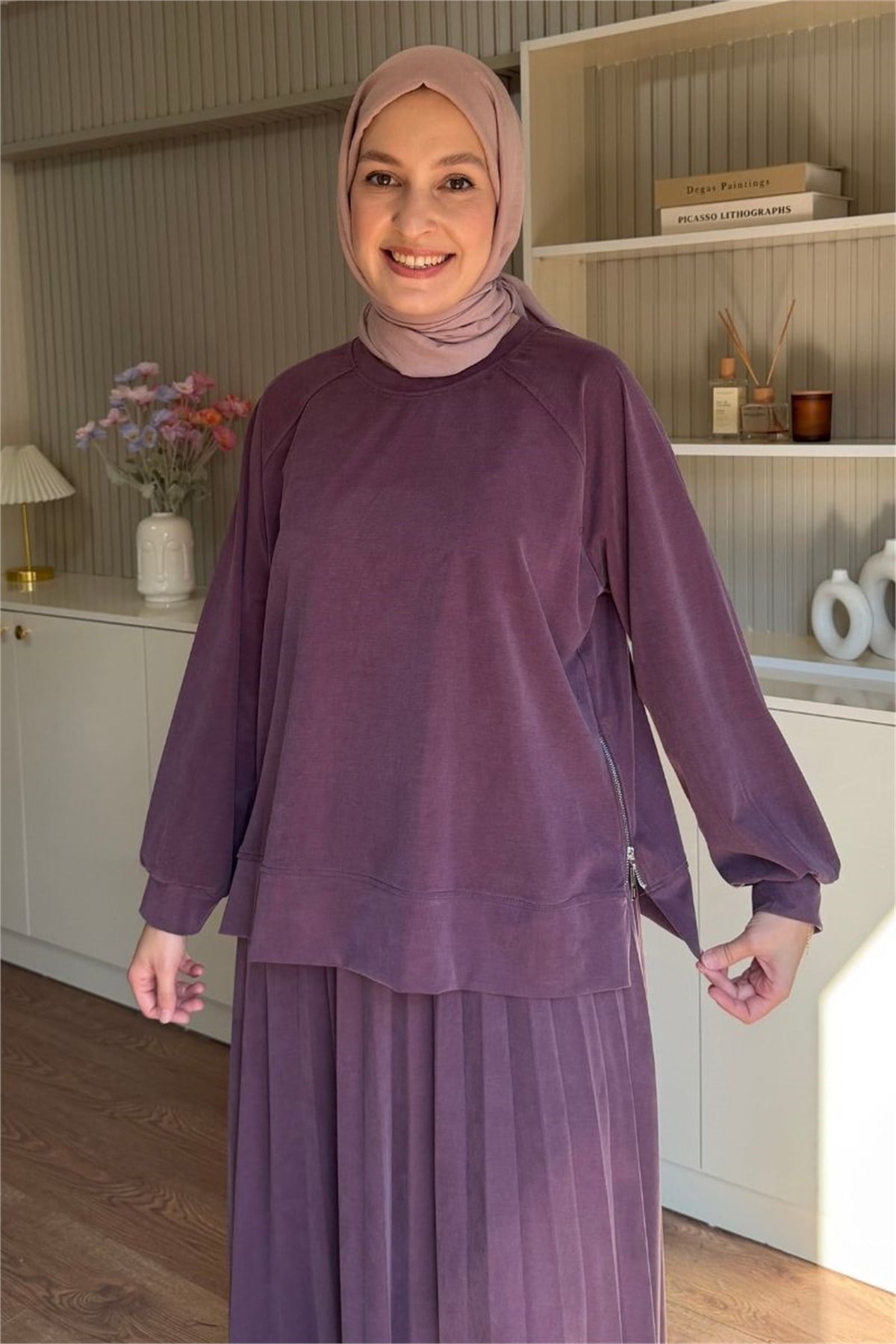 Yanları Fermuarlı Etekli İkili Takım Mürdüm