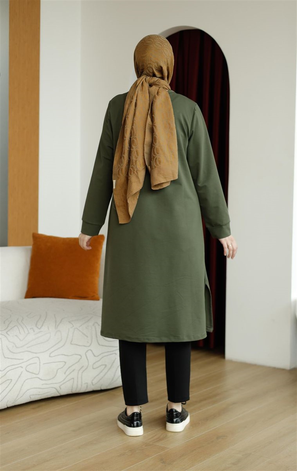 Yaprak Baskılı Uzun Sweat Haki