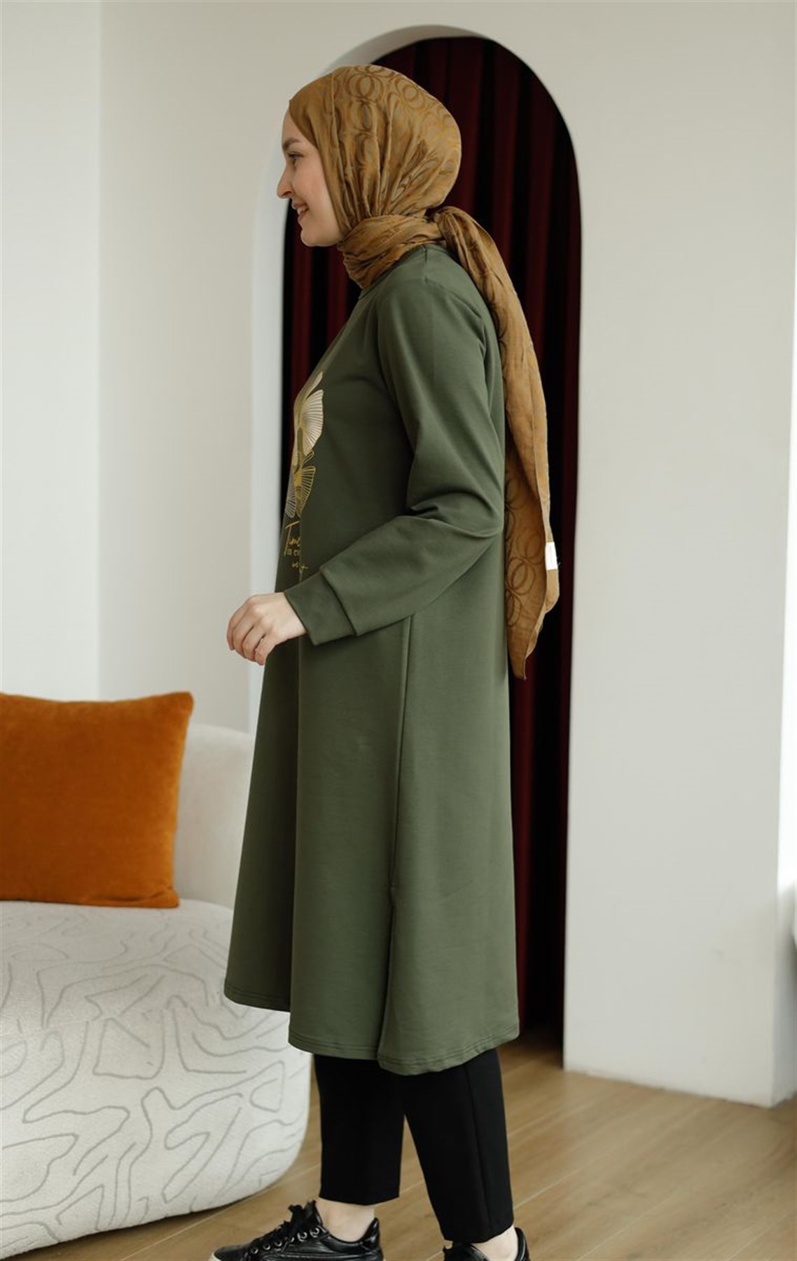 Yaprak Baskılı Uzun Sweat Haki