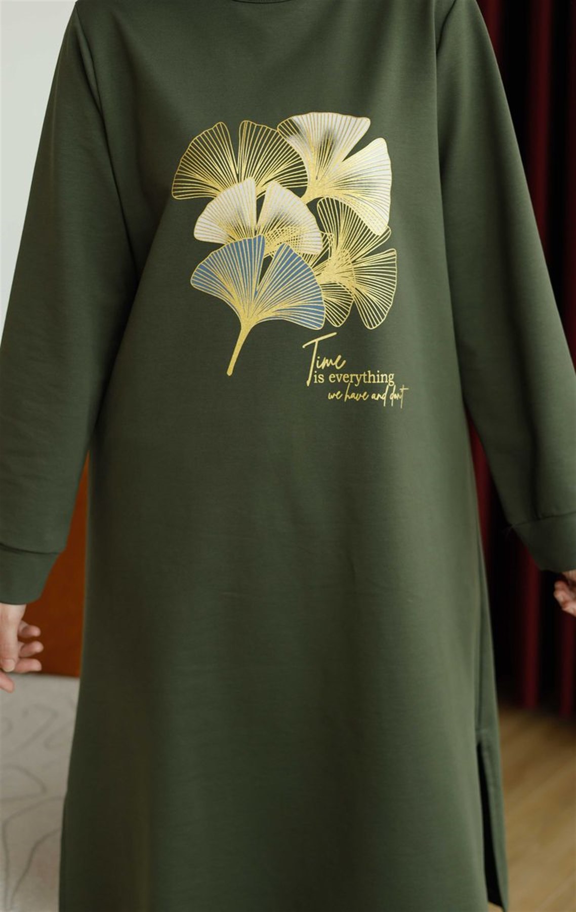 Yaprak Baskılı Uzun Sweat Haki