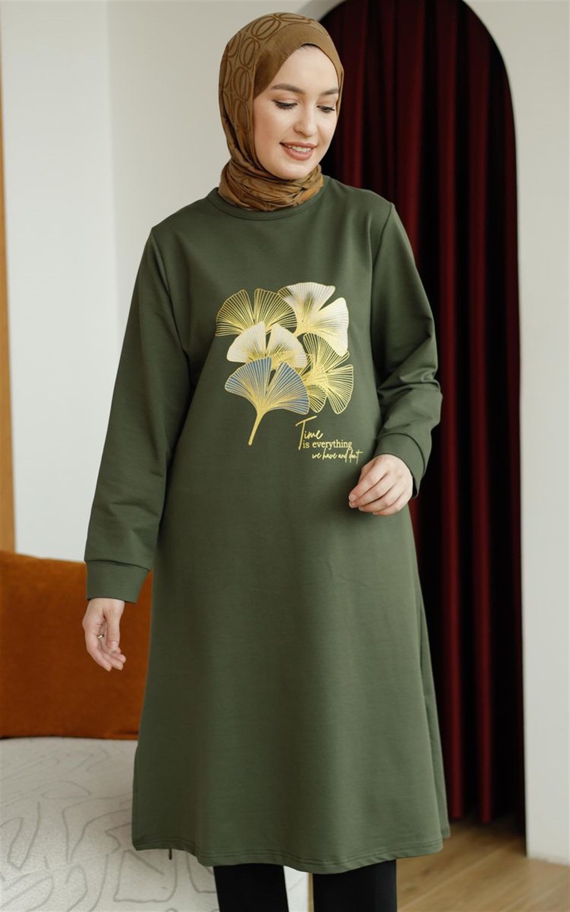 Yaprak Baskılı Uzun Sweat Haki