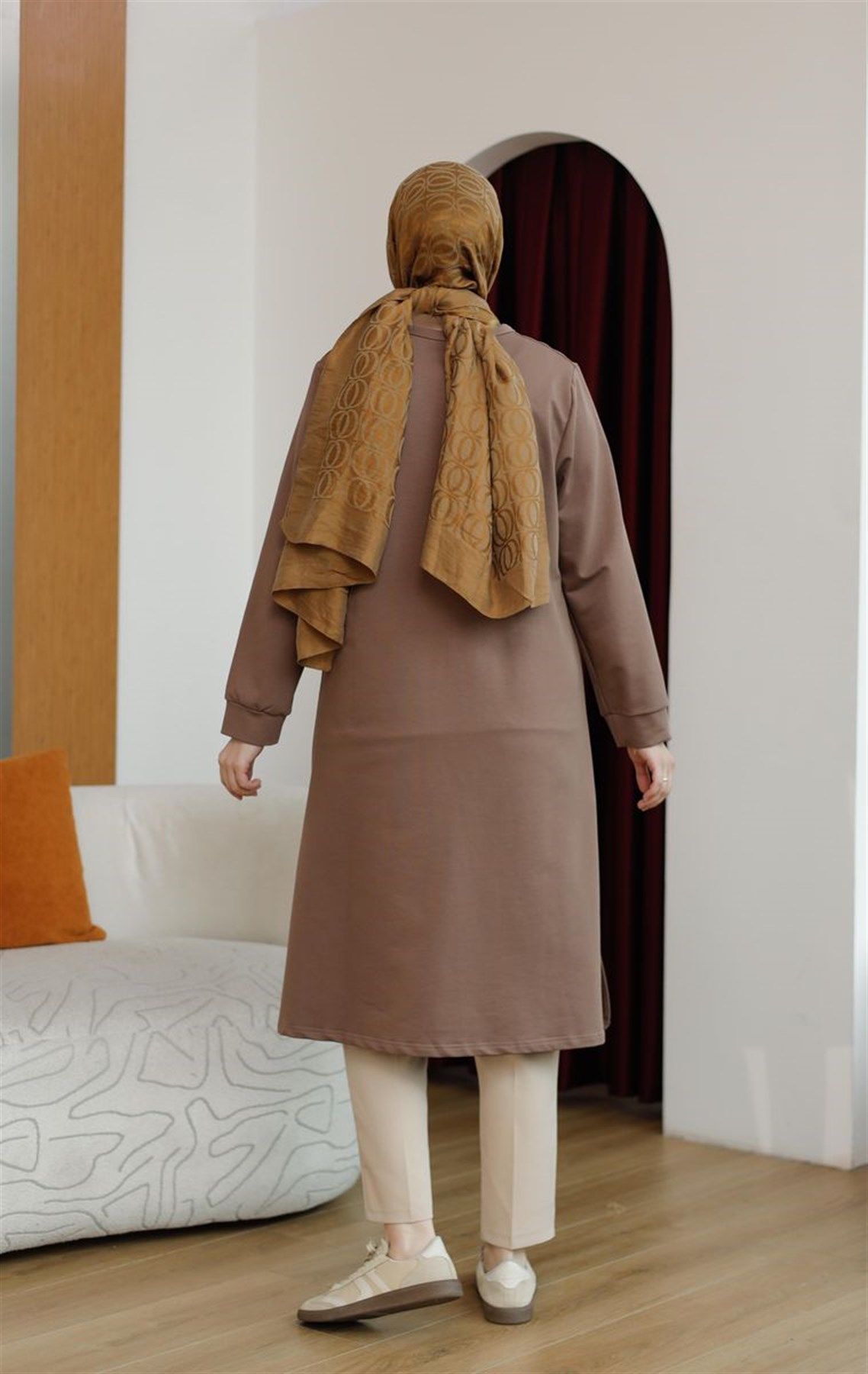 Yaprak Baskılı Uzun Sweat Kahve