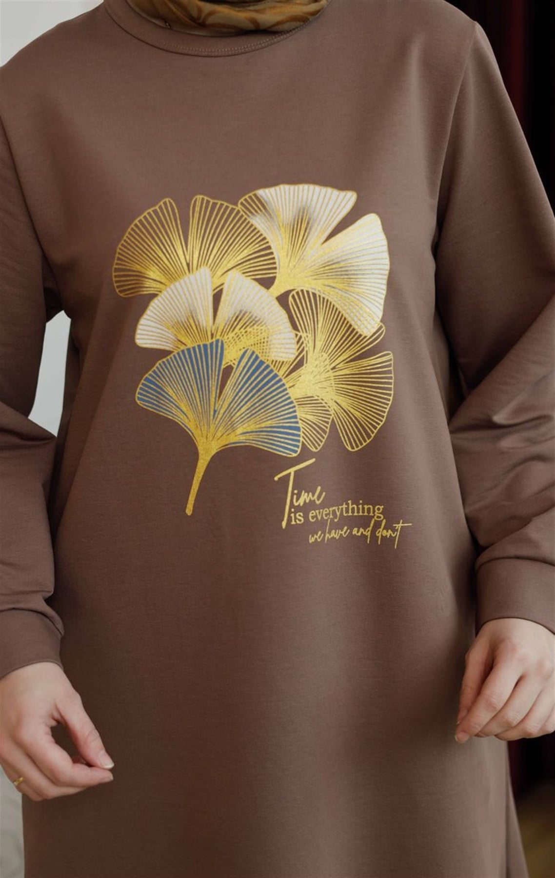 Yaprak Baskılı Uzun Sweat Kahve