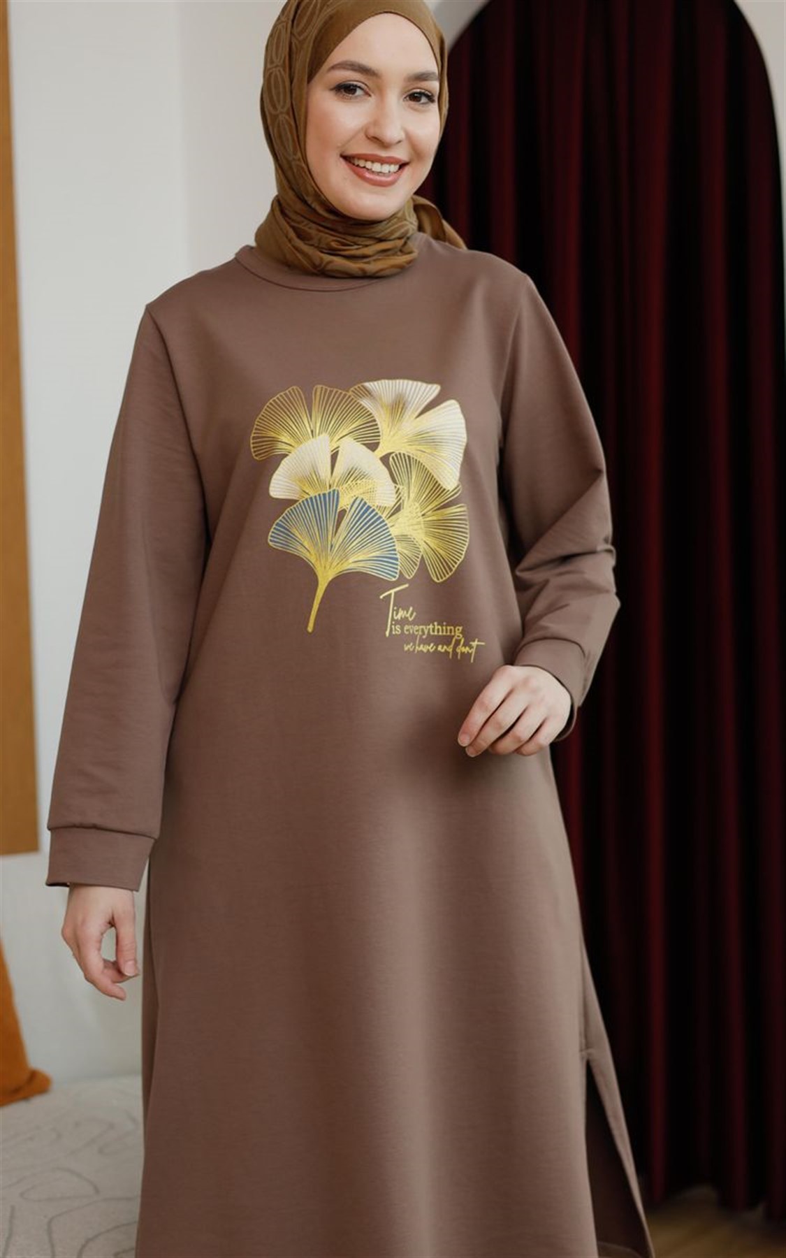 Yaprak Baskılı Uzun Sweat Kahve