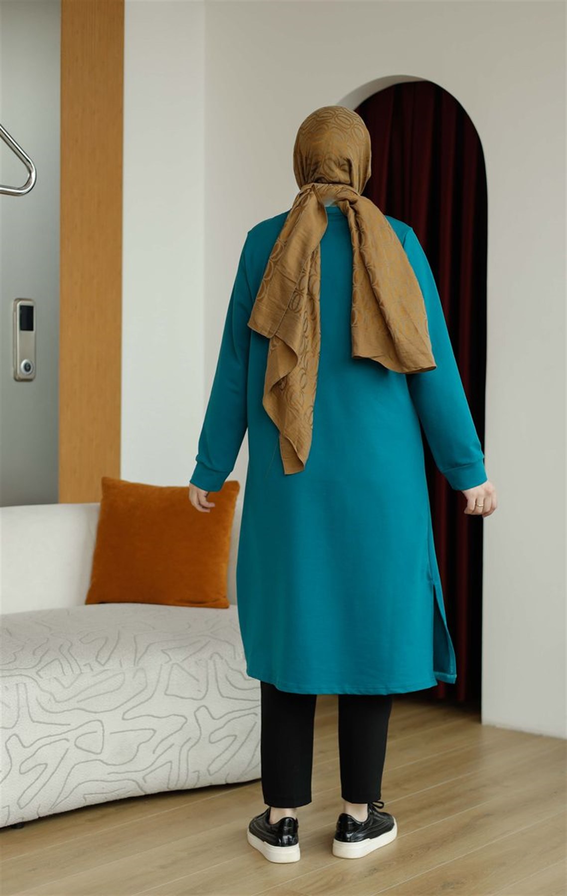 Yaprak Baskılı Uzun Sweat Petrol