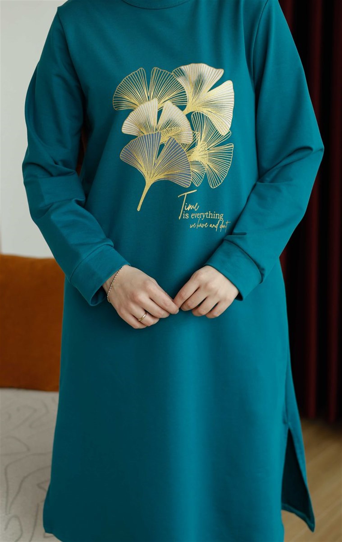 Yaprak Baskılı Uzun Sweat Petrol