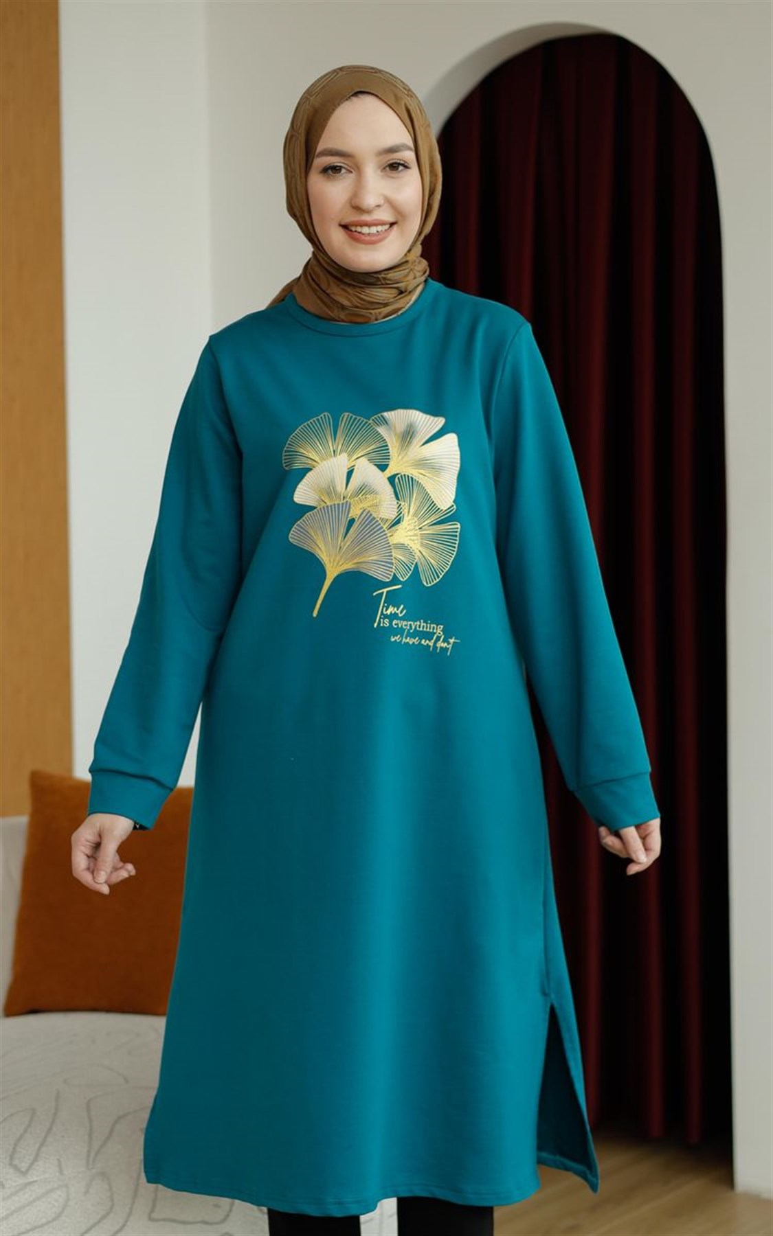 Yaprak Baskılı Uzun Sweat Petrol