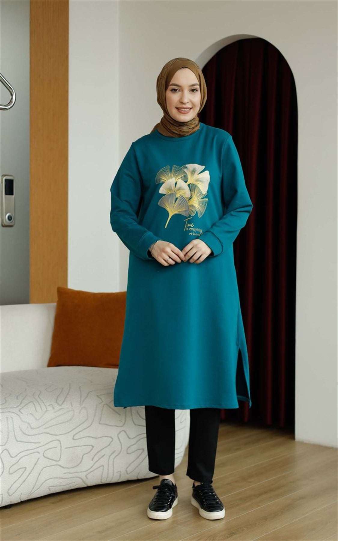 Yaprak Baskılı Uzun Sweat Petrol