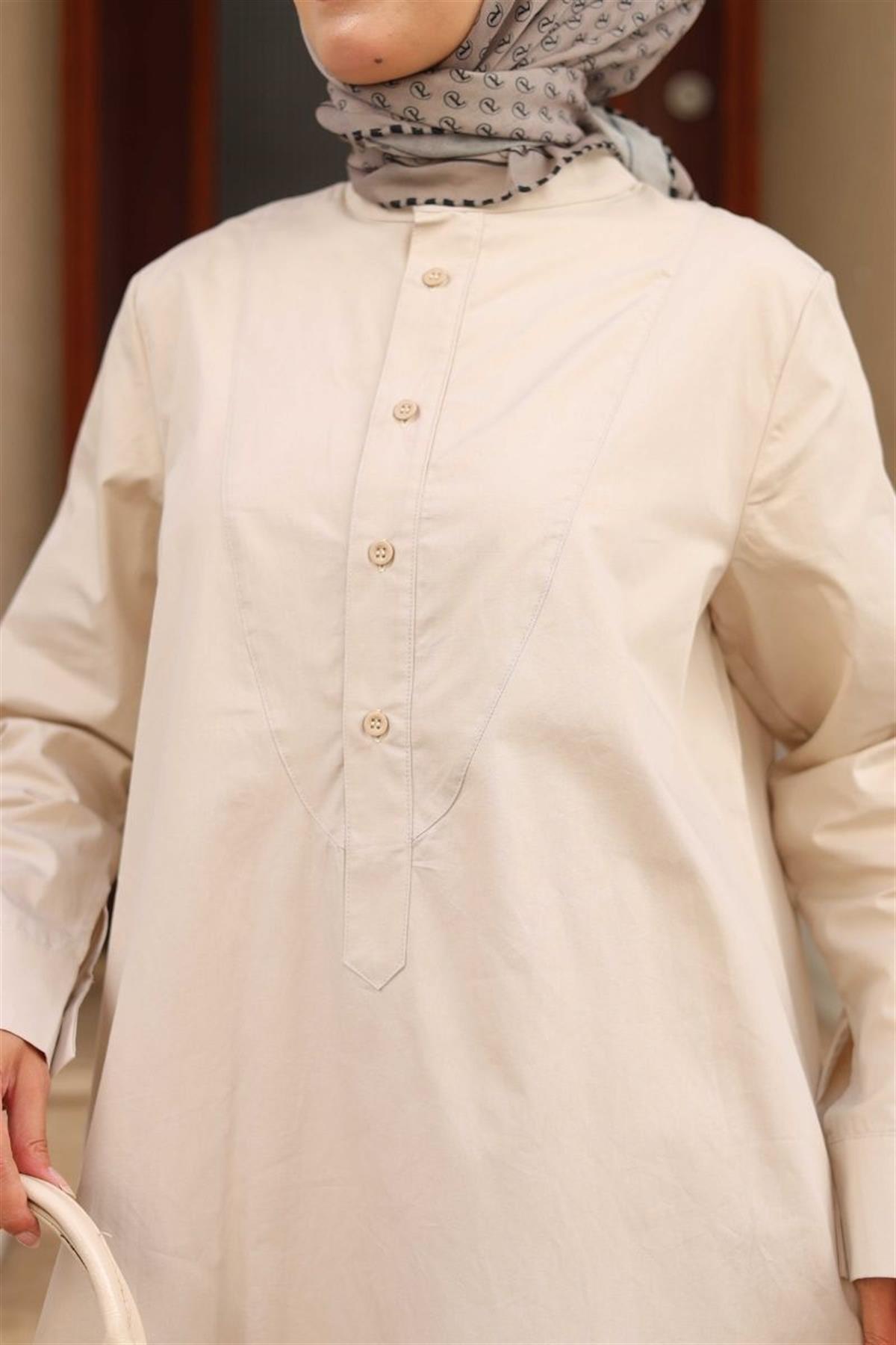 Yarım Düğmeli Uzun Poplin Tunik Krem